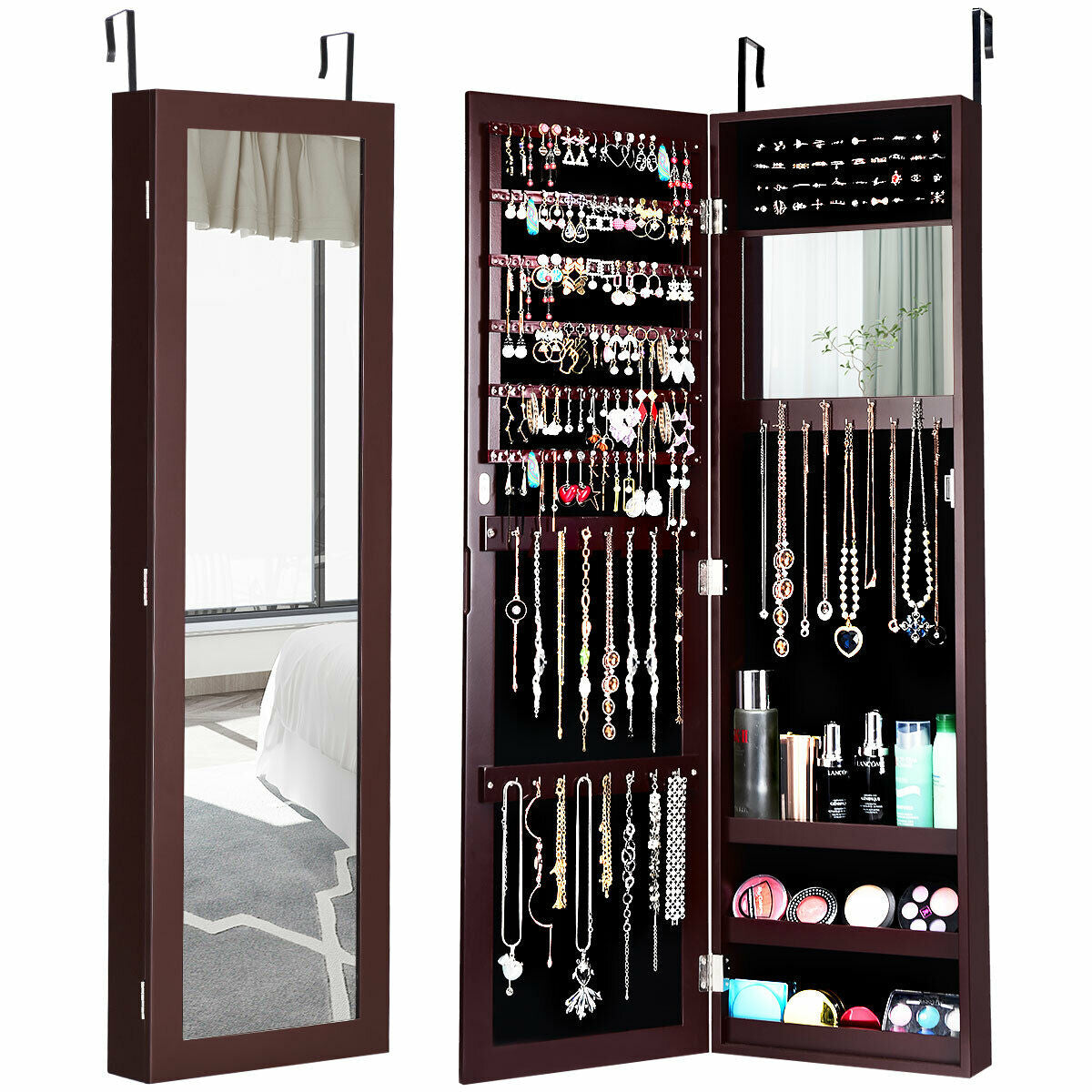Full Length Mirror Jewelry Cabinet with Ring Slots and Necklace Hooks-Dark Brown Kids Crystal