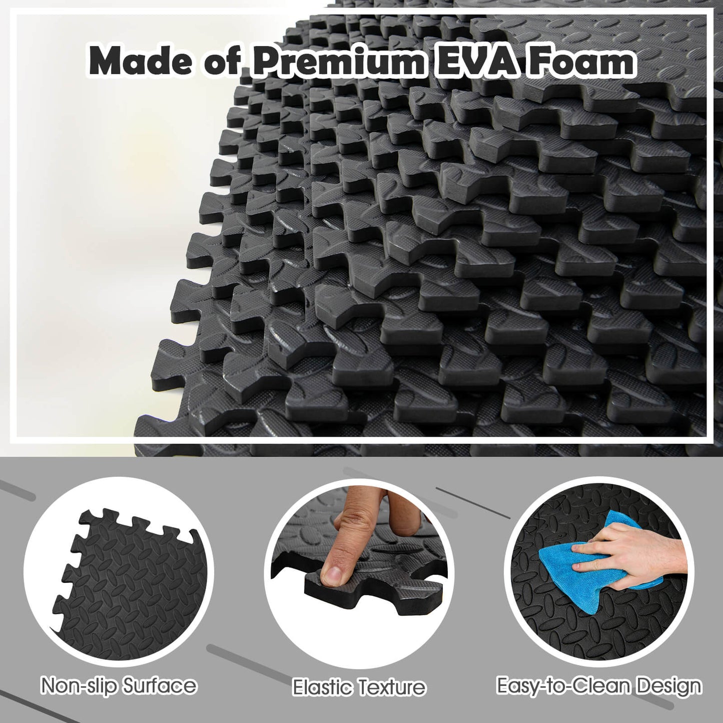 12 Pieces Puzzle Interlocking Flooring Mat with Anti-slip and Waterproof Surface-Black Kids Crystal