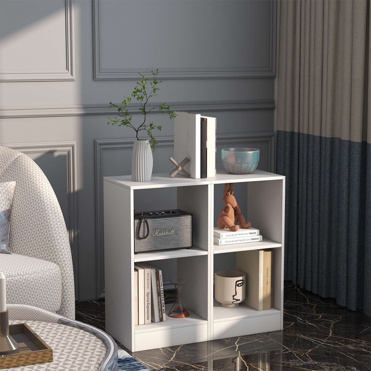 2 Pieces 2-tier Bookcase Set with Anti-toppling Device-White Kids Crystal