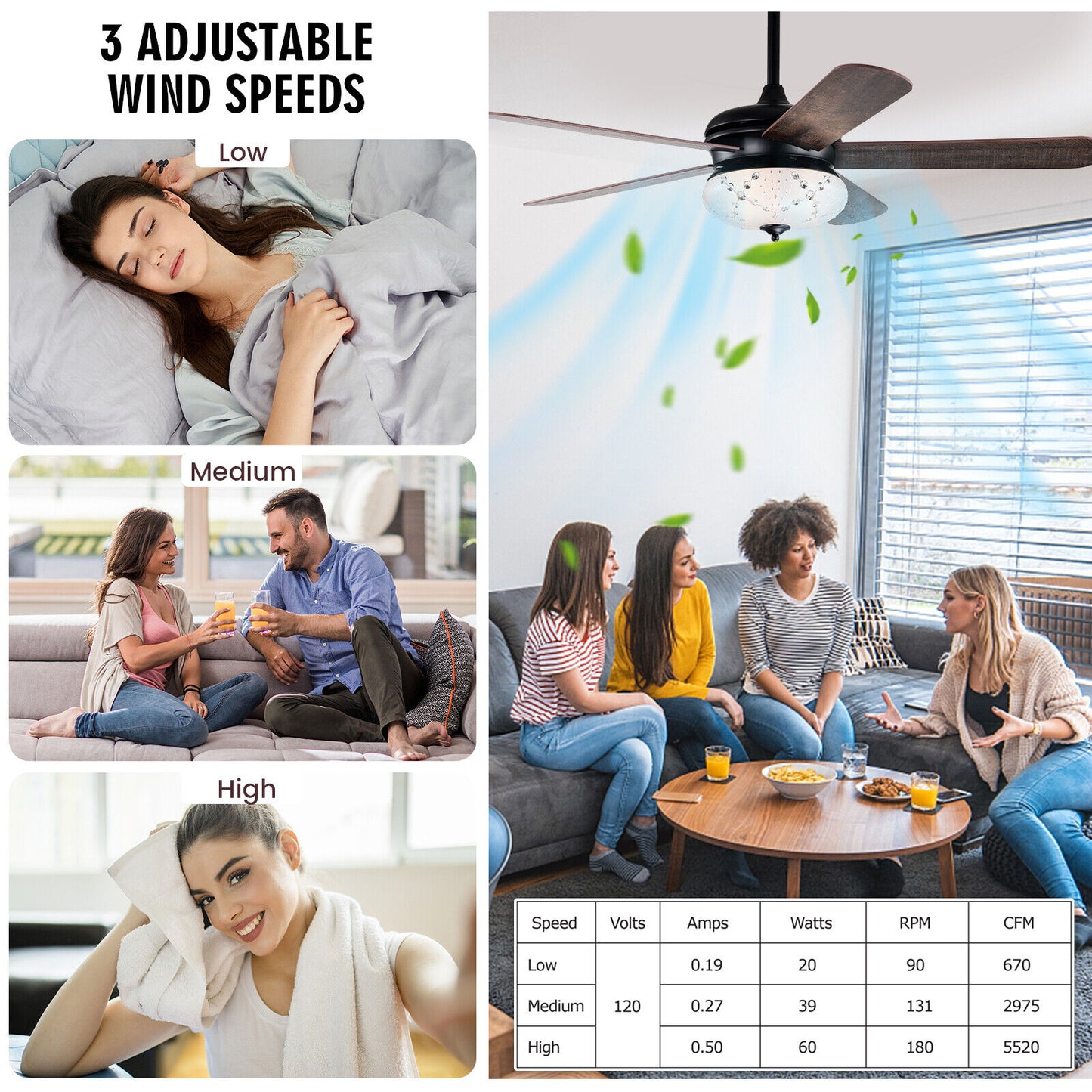 52 Inches Ceiling Fan with Remote Control-Walnut Kids Crystal