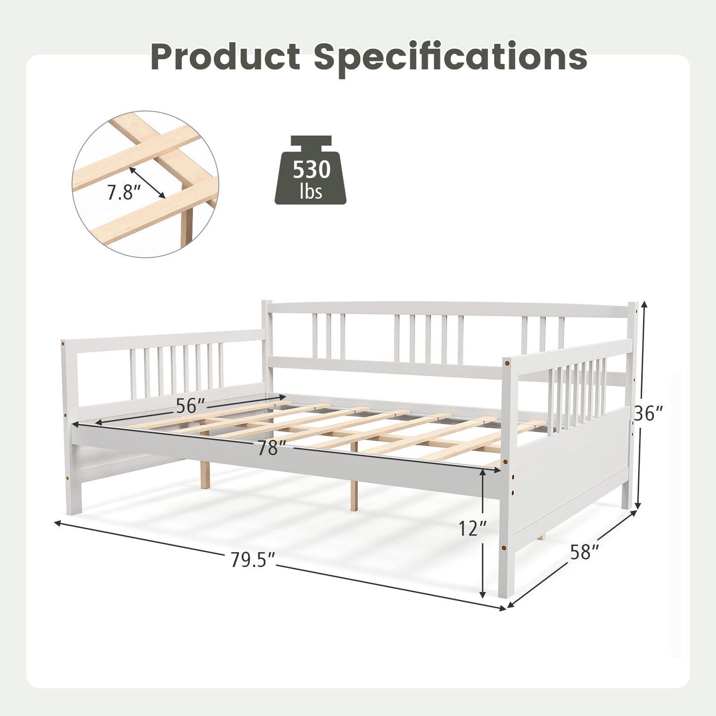 Full Size Daybed Frame with Guardrails-White Kids Crystal