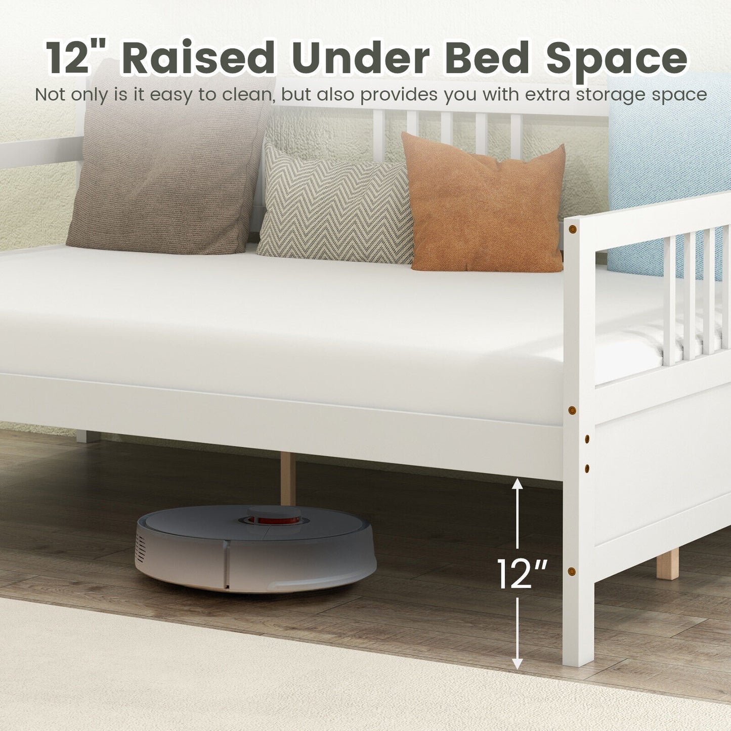 Full Size Daybed Frame with Guardrails-White Kids Crystal