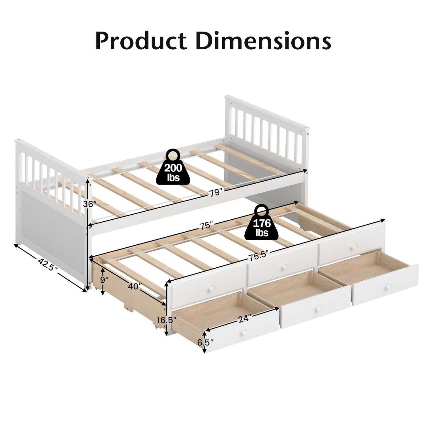 Twin Captain’s Bed with Trundle Bed with 3 Storage Drawers-White Kids Crystal
