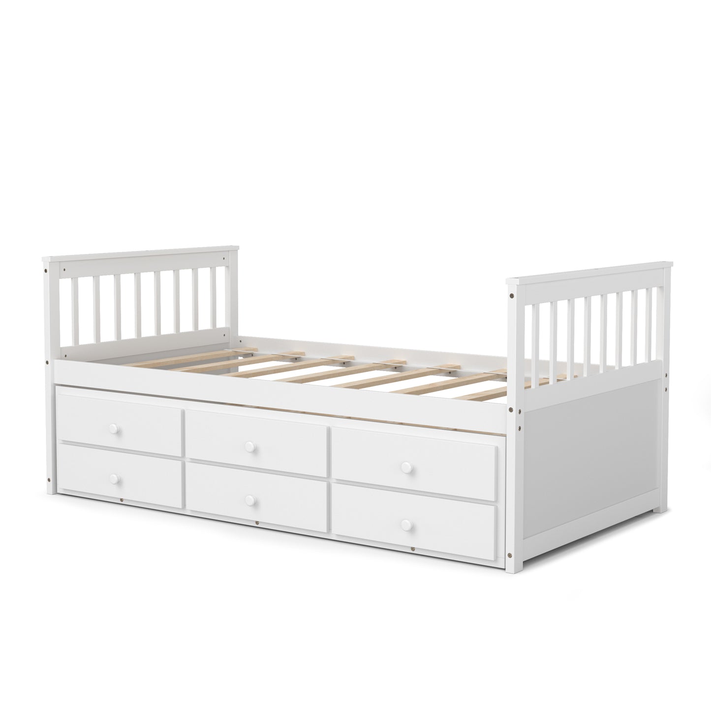 Twin Captain’s Bed with Trundle Bed with 3 Storage Drawers-White Kids Crystal