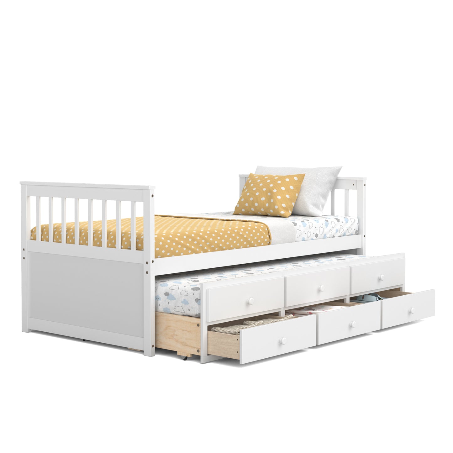 Twin Captain’s Bed with Trundle Bed with 3 Storage Drawers-White Kids Crystal