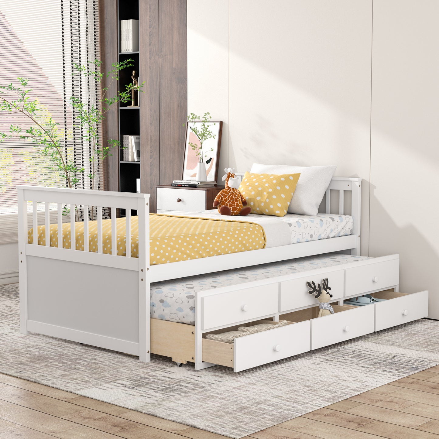 Twin Captain’s Bed with Trundle Bed with 3 Storage Drawers-White Kids Crystal