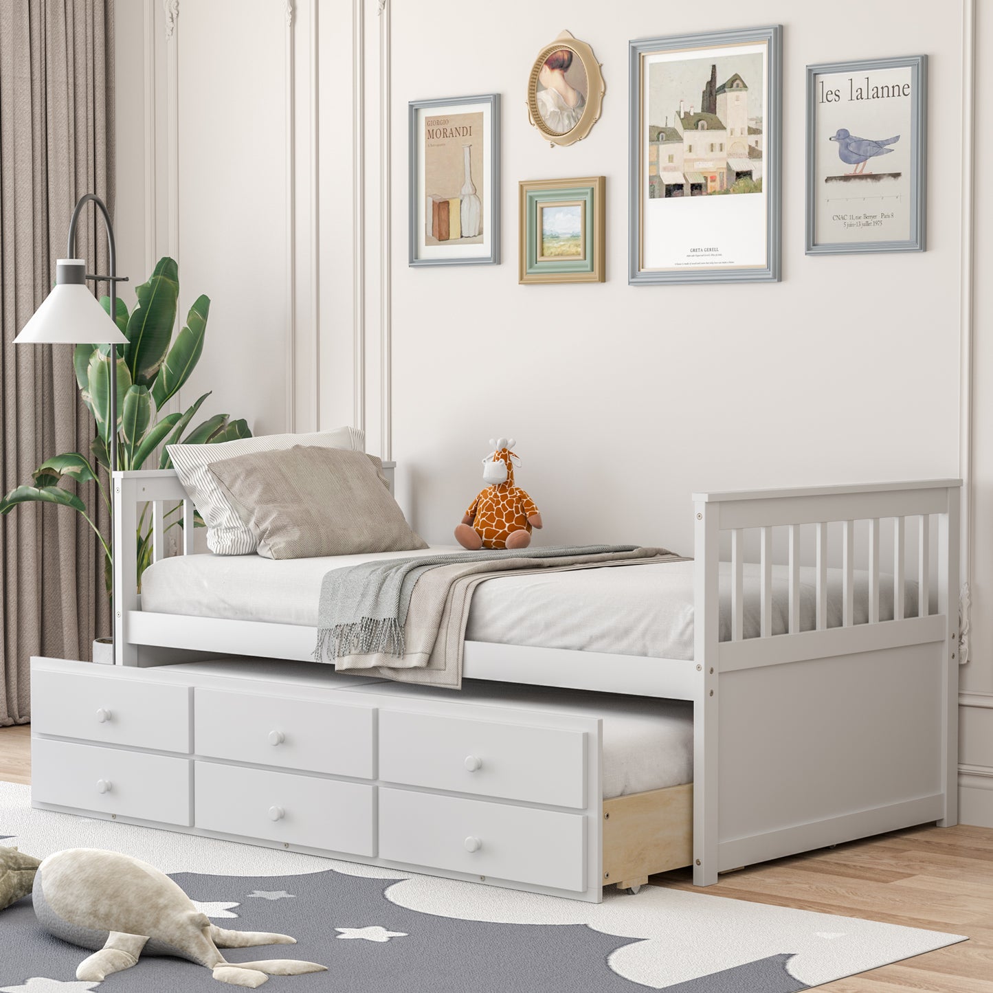 Twin Captain’s Bed with Trundle Bed with 3 Storage Drawers-White Kids Crystal