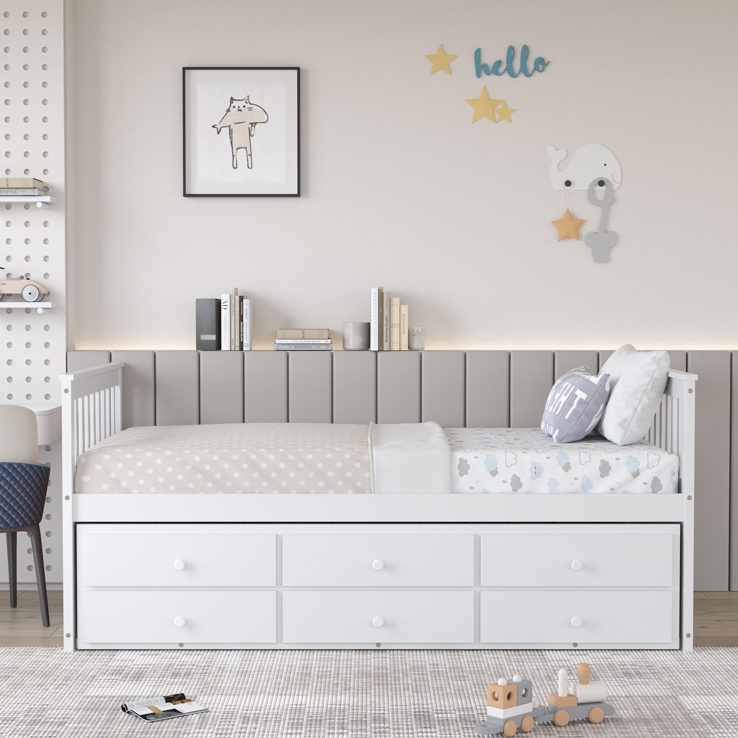 Twin Captain’s Bed with Trundle Bed with 3 Storage Drawers-White Kids Crystal
