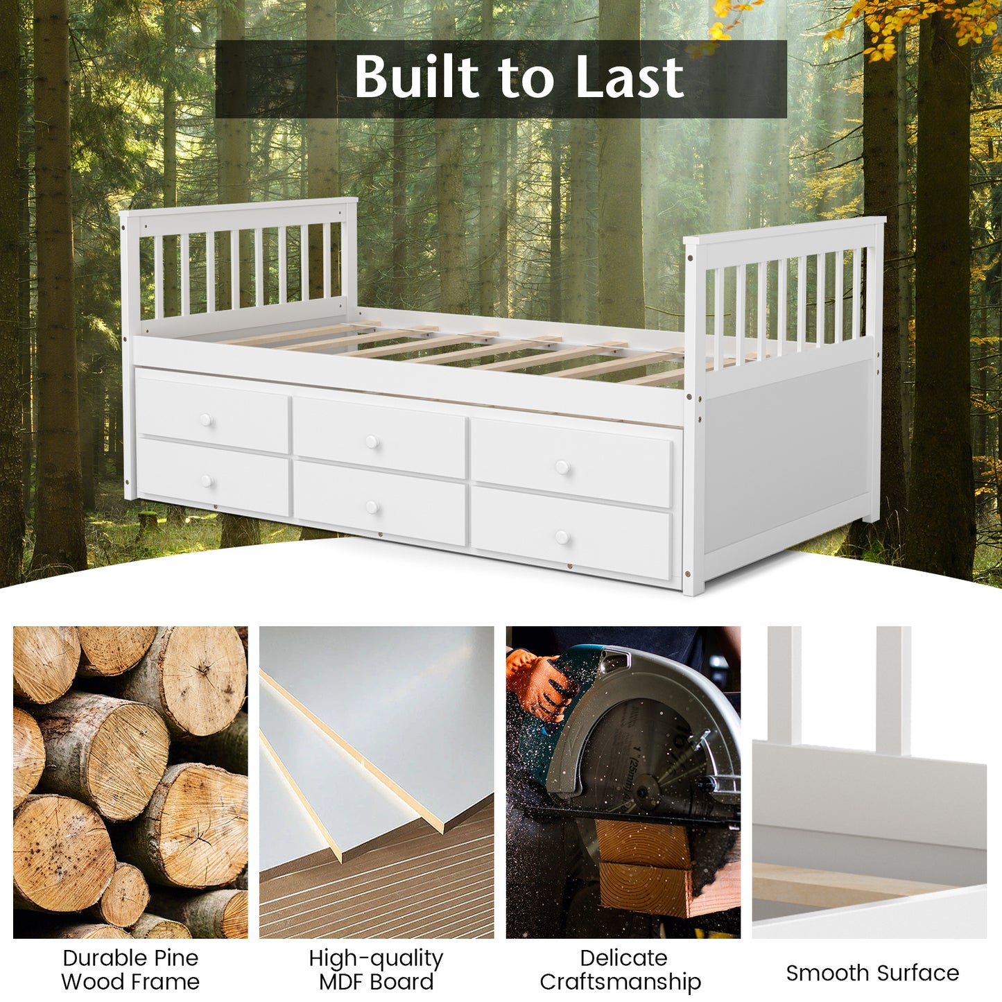 Twin Captain’s Bed with Trundle Bed with 3 Storage Drawers-White Kids Crystal