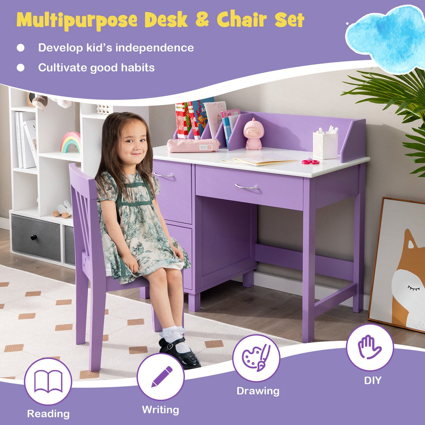 Kids Wooden Writing Furniture Set with Drawer and Storage Cabinet-Purple Kids Crystal