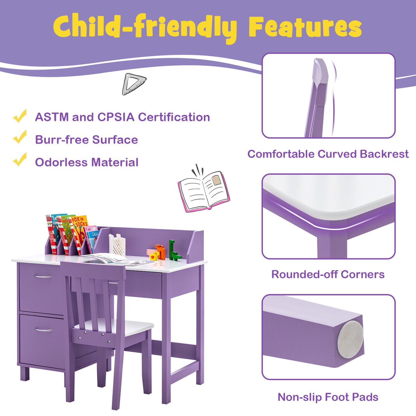 Kids Wooden Writing Furniture Set with Drawer and Storage Cabinet-Purple Kids Crystal