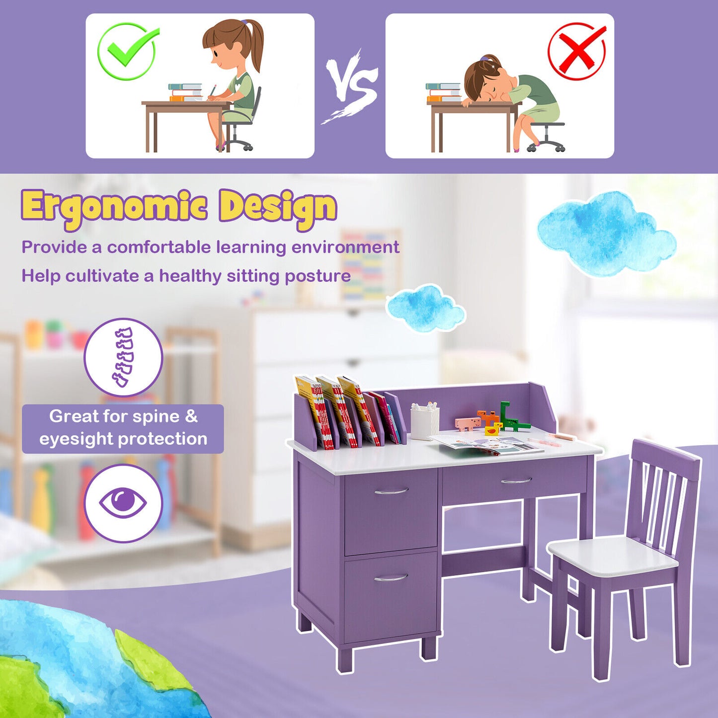 Kids Wooden Writing Furniture Set with Drawer and Storage Cabinet-Purple Kids Crystal