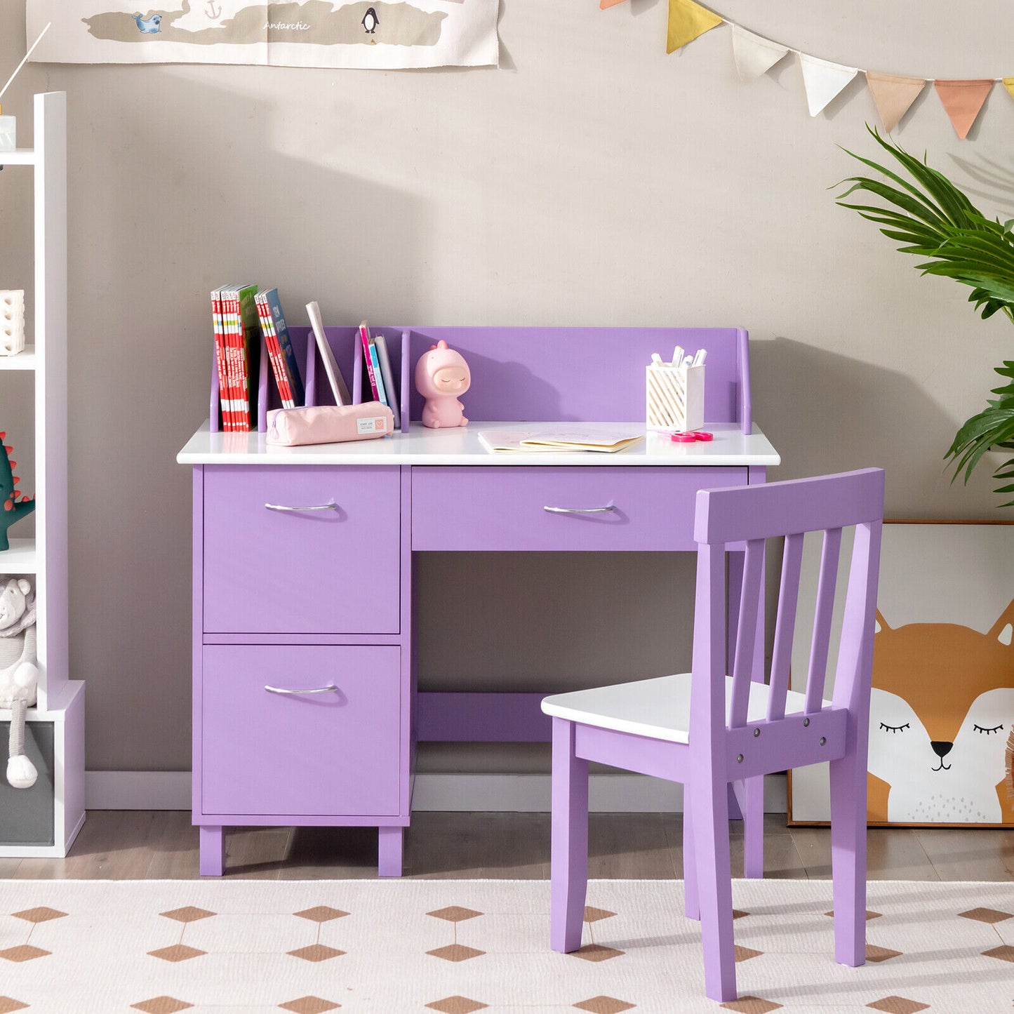 Kids Wooden Writing Furniture Set with Drawer and Storage Cabinet-Purple Kids Crystal