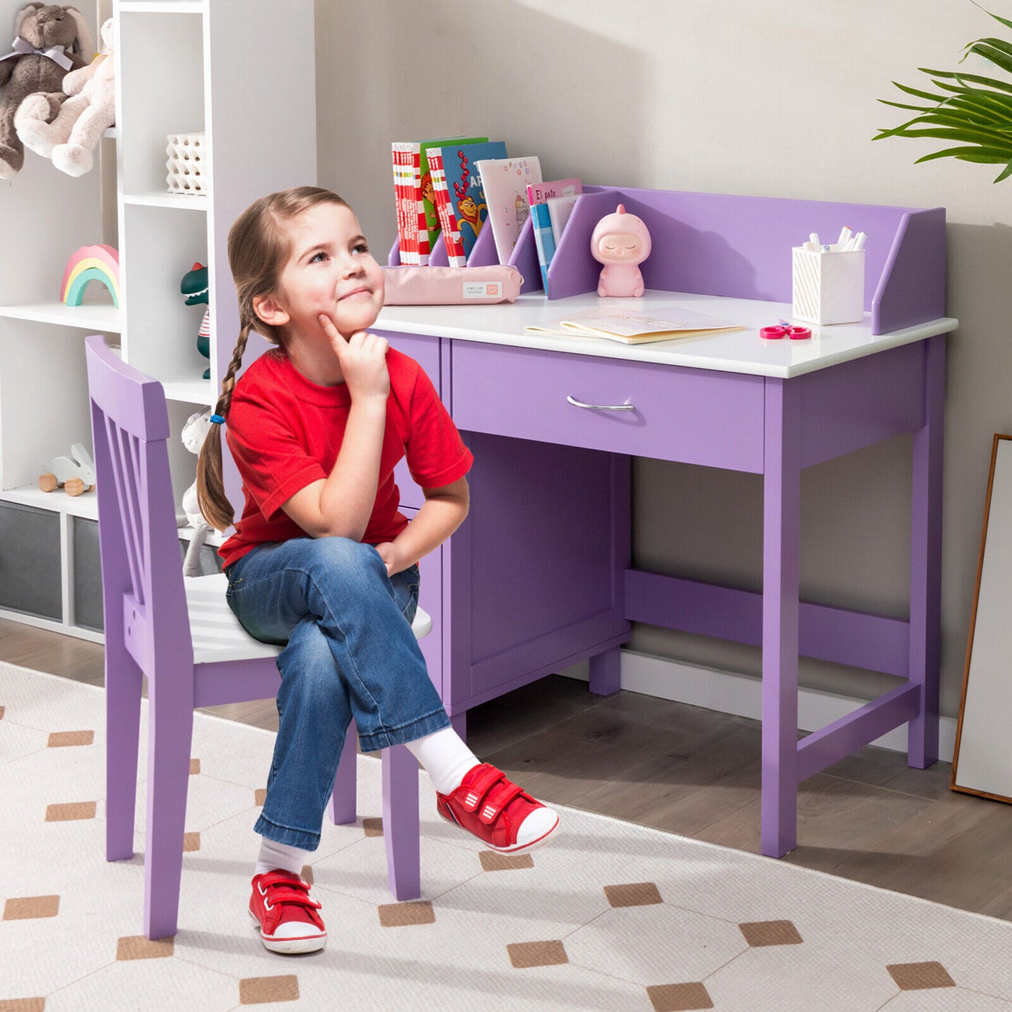 Kids Wooden Writing Furniture Set with Drawer and Storage Cabinet-Purple Kids Crystal