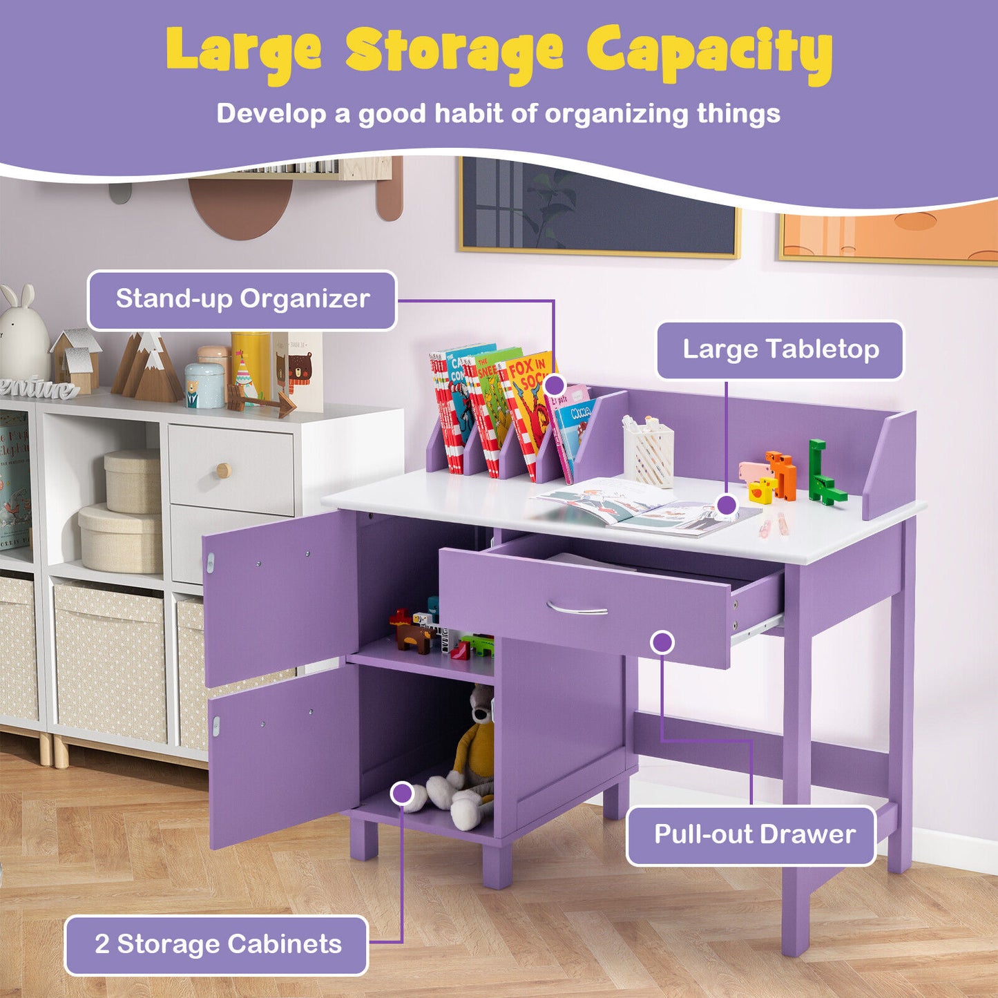 Kids Wooden Writing Furniture Set with Drawer and Storage Cabinet-Purple Kids Crystal