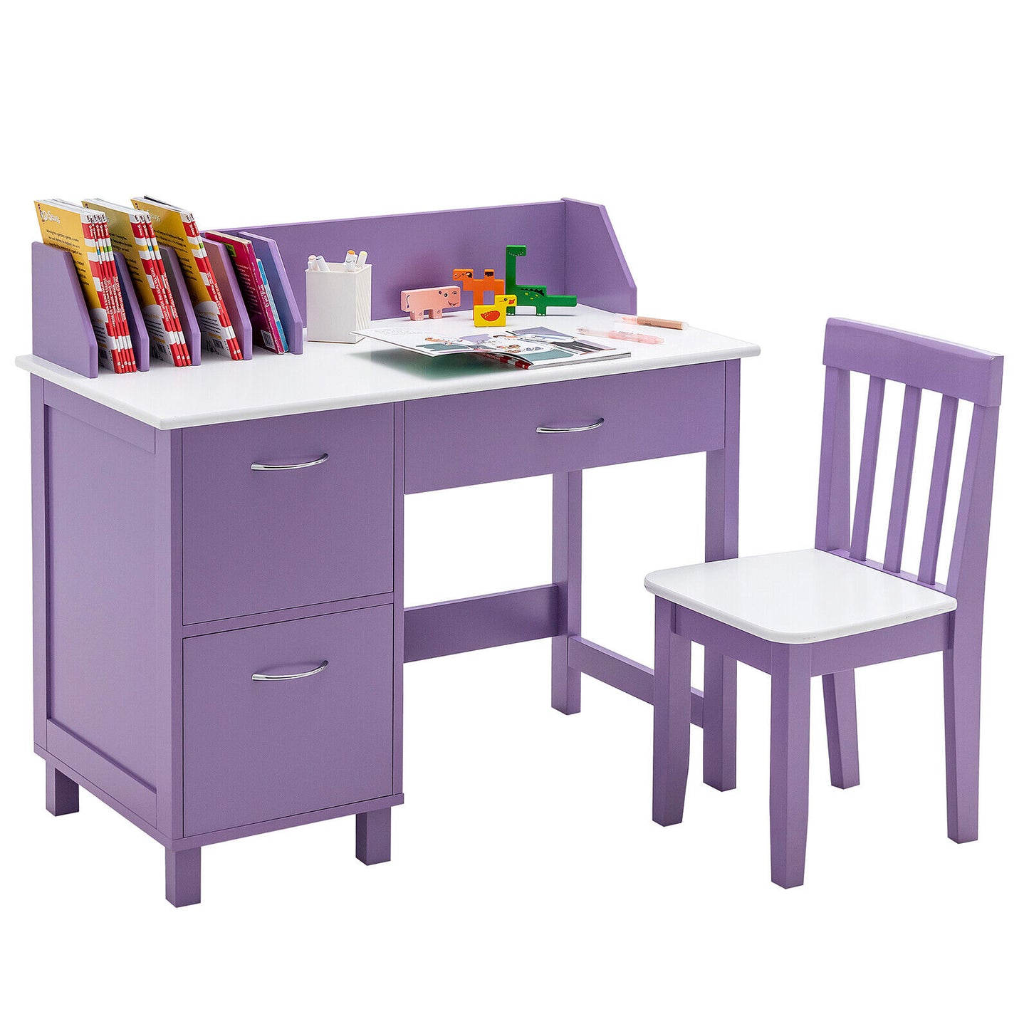 Kids Wooden Writing Furniture Set with Drawer and Storage Cabinet-Purple Kids Crystal