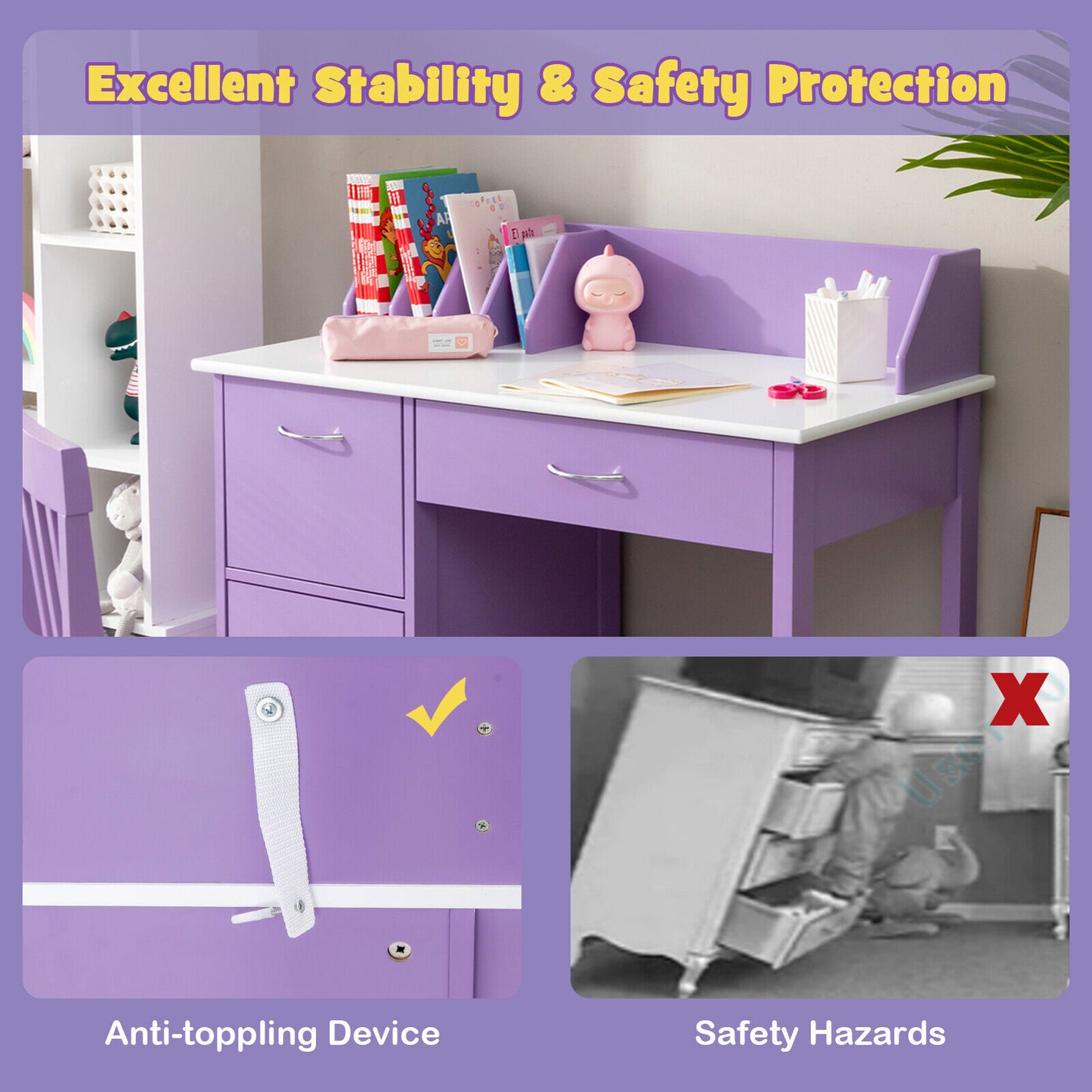 Kids Wooden Writing Furniture Set with Drawer and Storage Cabinet-Purple Kids Crystal