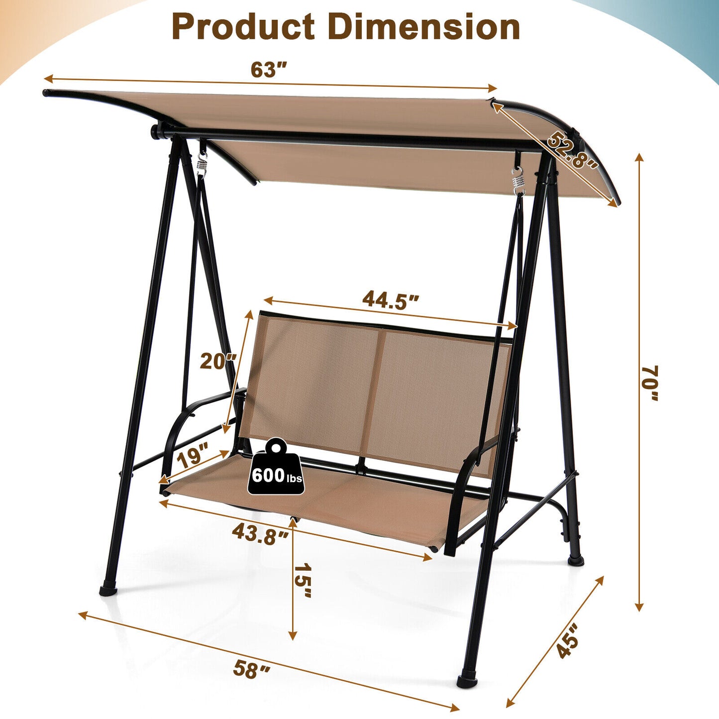 2-Seat Outdoor Canopy Swing with Comfortable Fabric Seat and Heavy-duty Metal Frame-Beige Kids Crystal