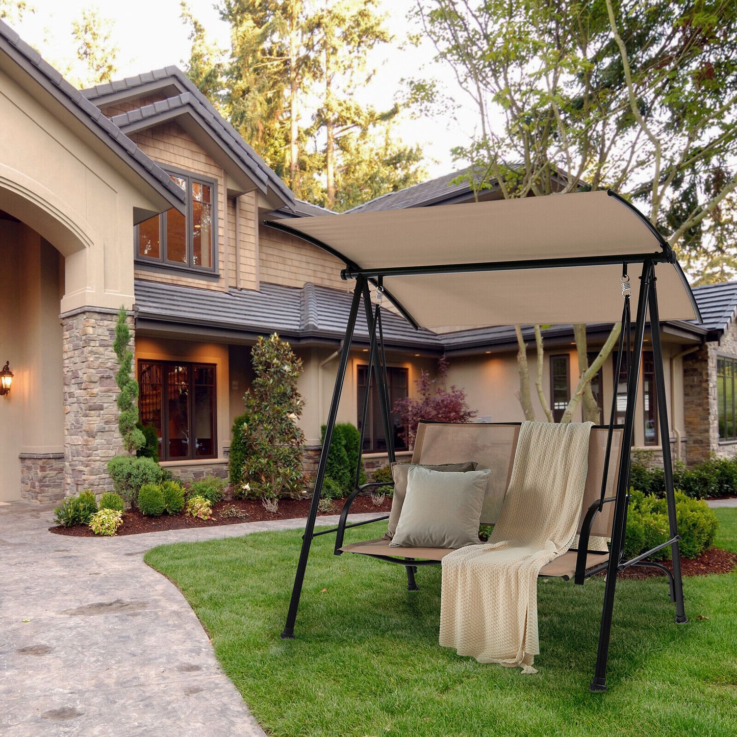 2-Seat Outdoor Canopy Swing with Comfortable Fabric Seat and Heavy-duty Metal Frame-Beige Kids Crystal