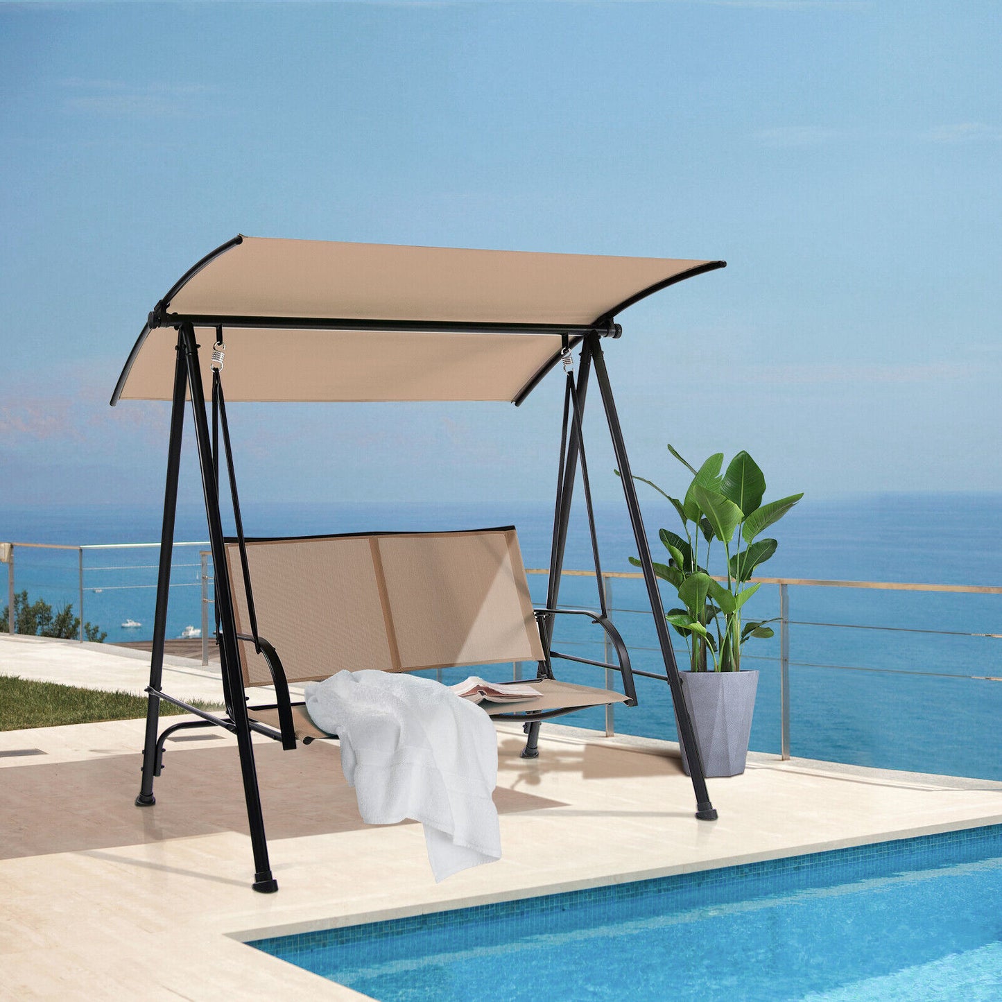 2-Seat Outdoor Canopy Swing with Comfortable Fabric Seat and Heavy-duty Metal Frame-Beige Kids Crystal