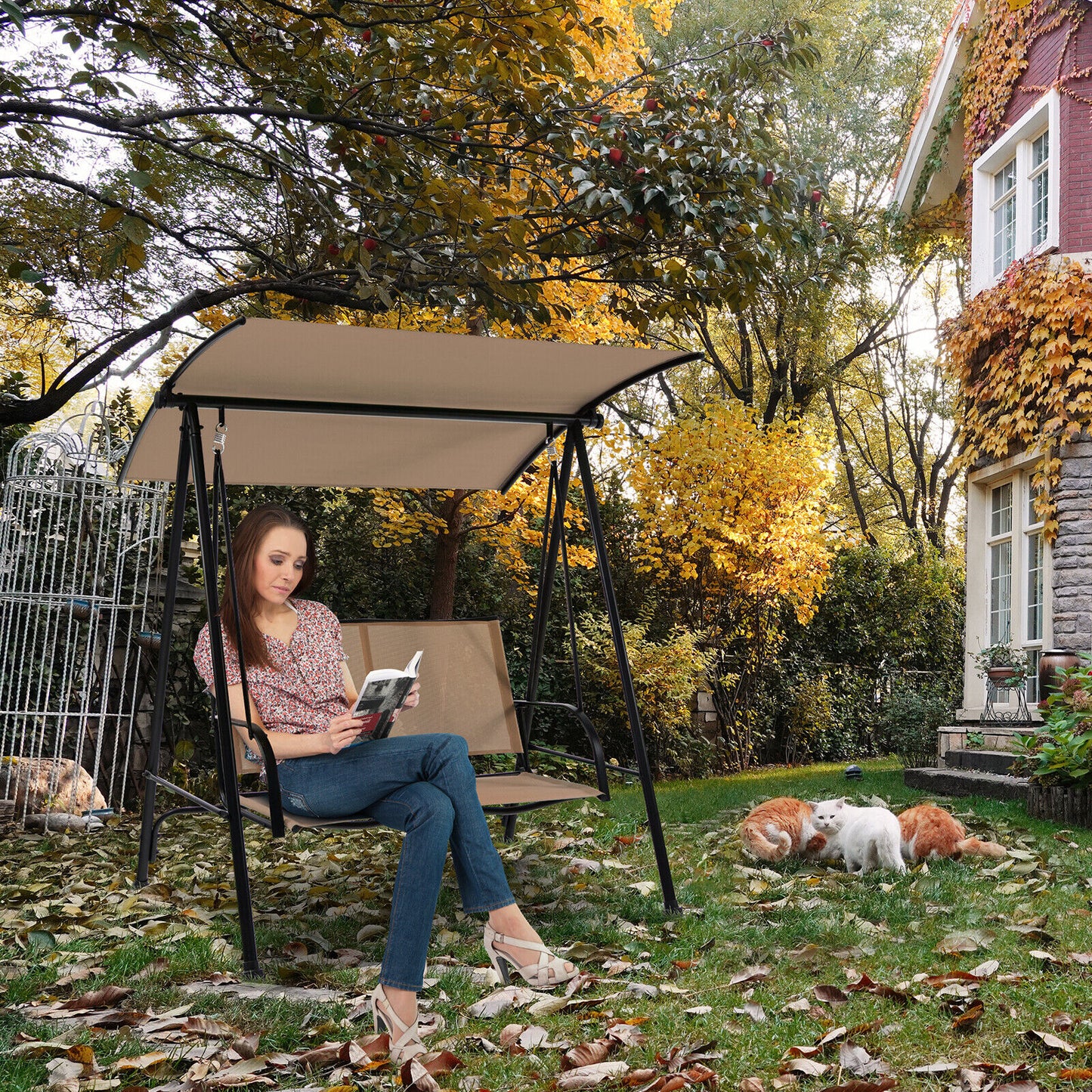 2-Seat Outdoor Canopy Swing with Comfortable Fabric Seat and Heavy-duty Metal Frame-Beige Kids Crystal