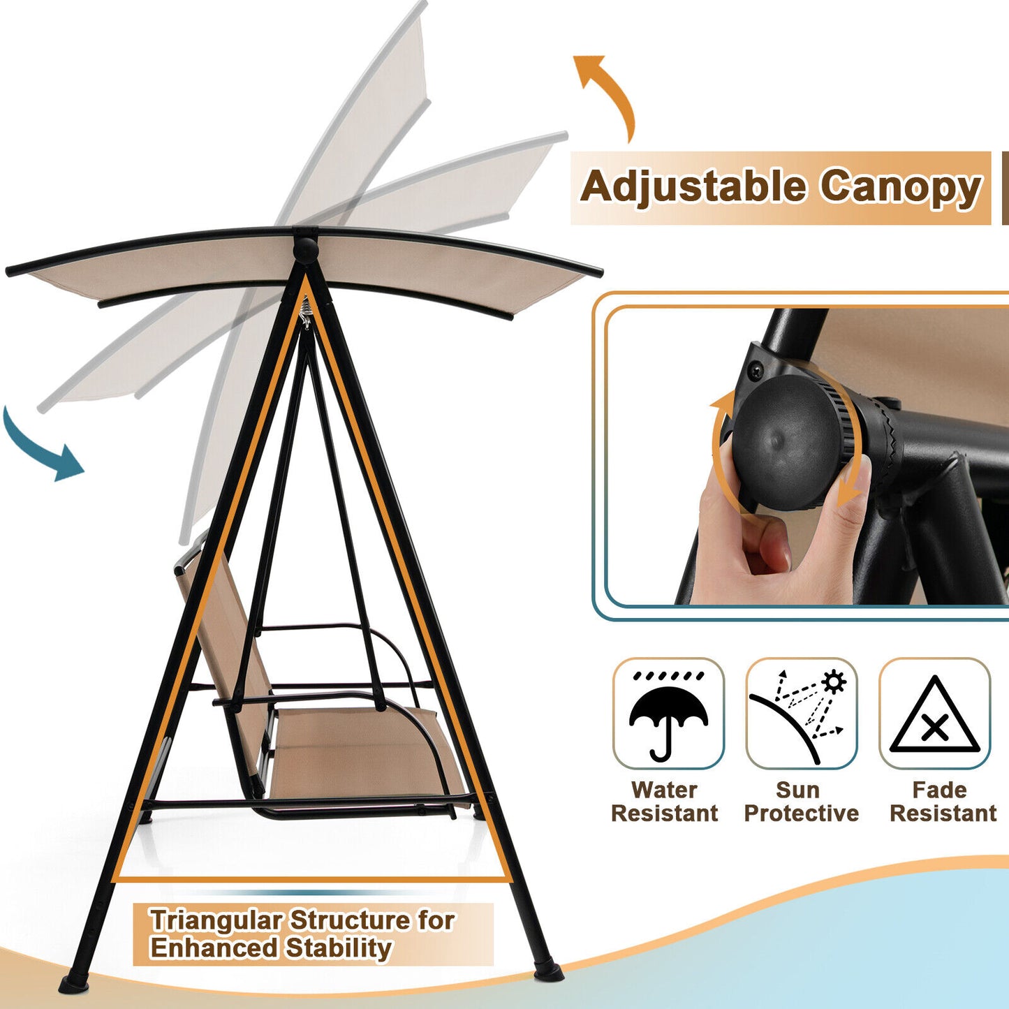 2-Seat Outdoor Canopy Swing with Comfortable Fabric Seat and Heavy-duty Metal Frame-Beige Kids Crystal