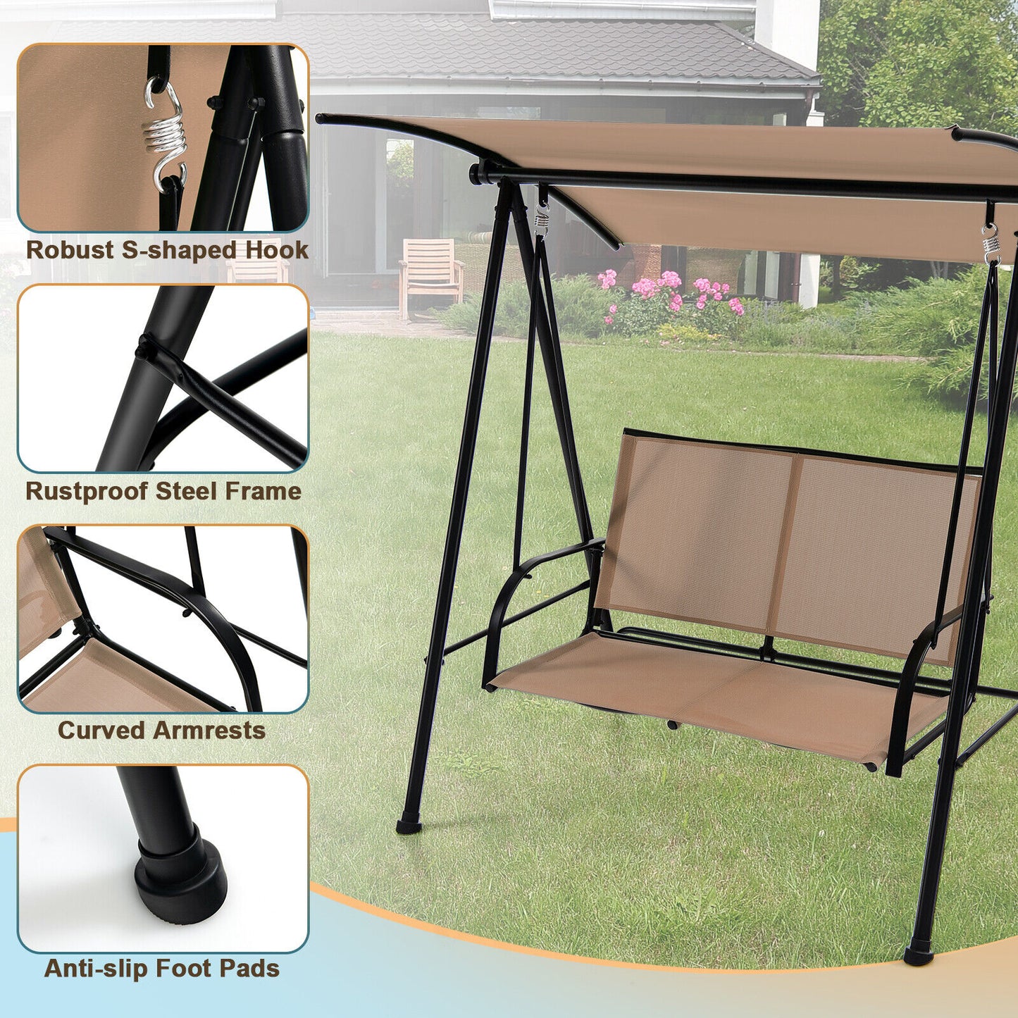2-Seat Outdoor Canopy Swing with Comfortable Fabric Seat and Heavy-duty Metal Frame-Beige Kids Crystal