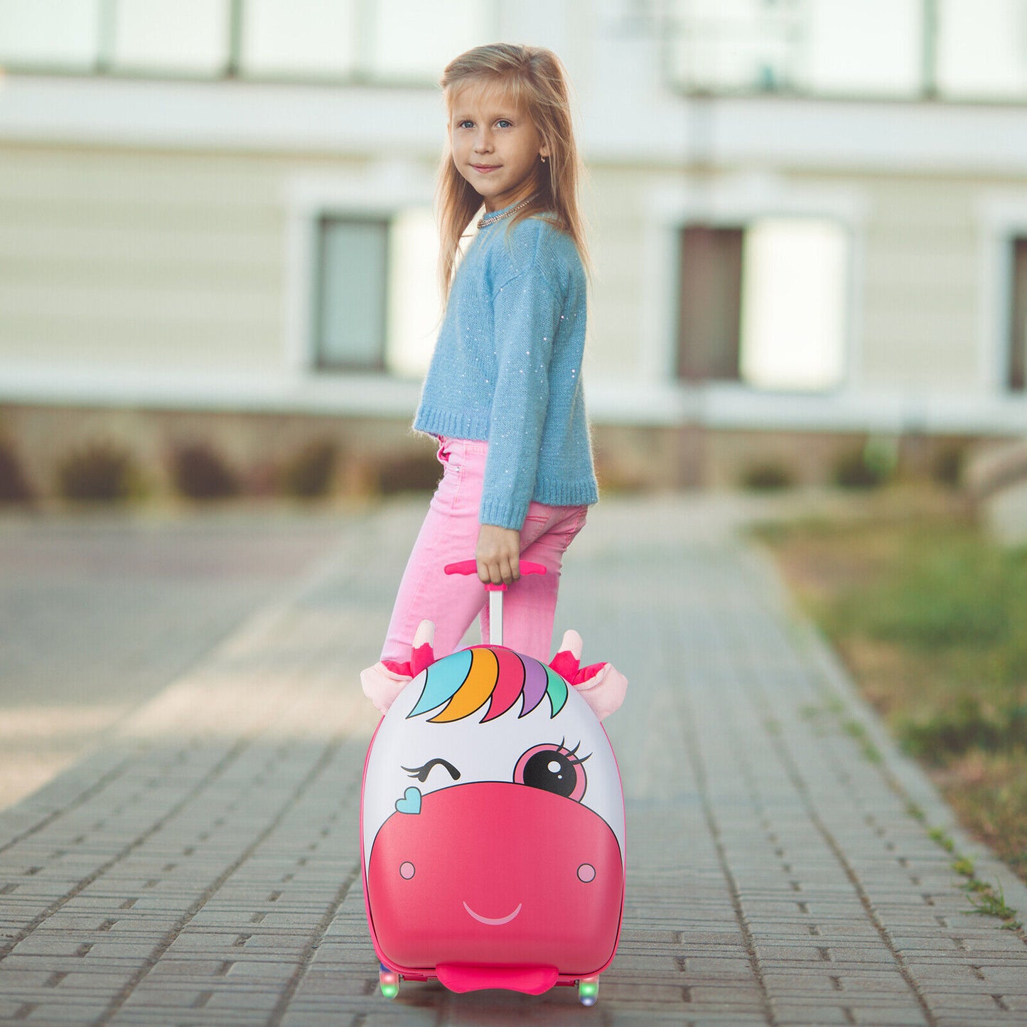 16 Inch Kids Rolling Luggage with 2 Flashing Wheels and Telescoping Handle-Pink Kids Crystal