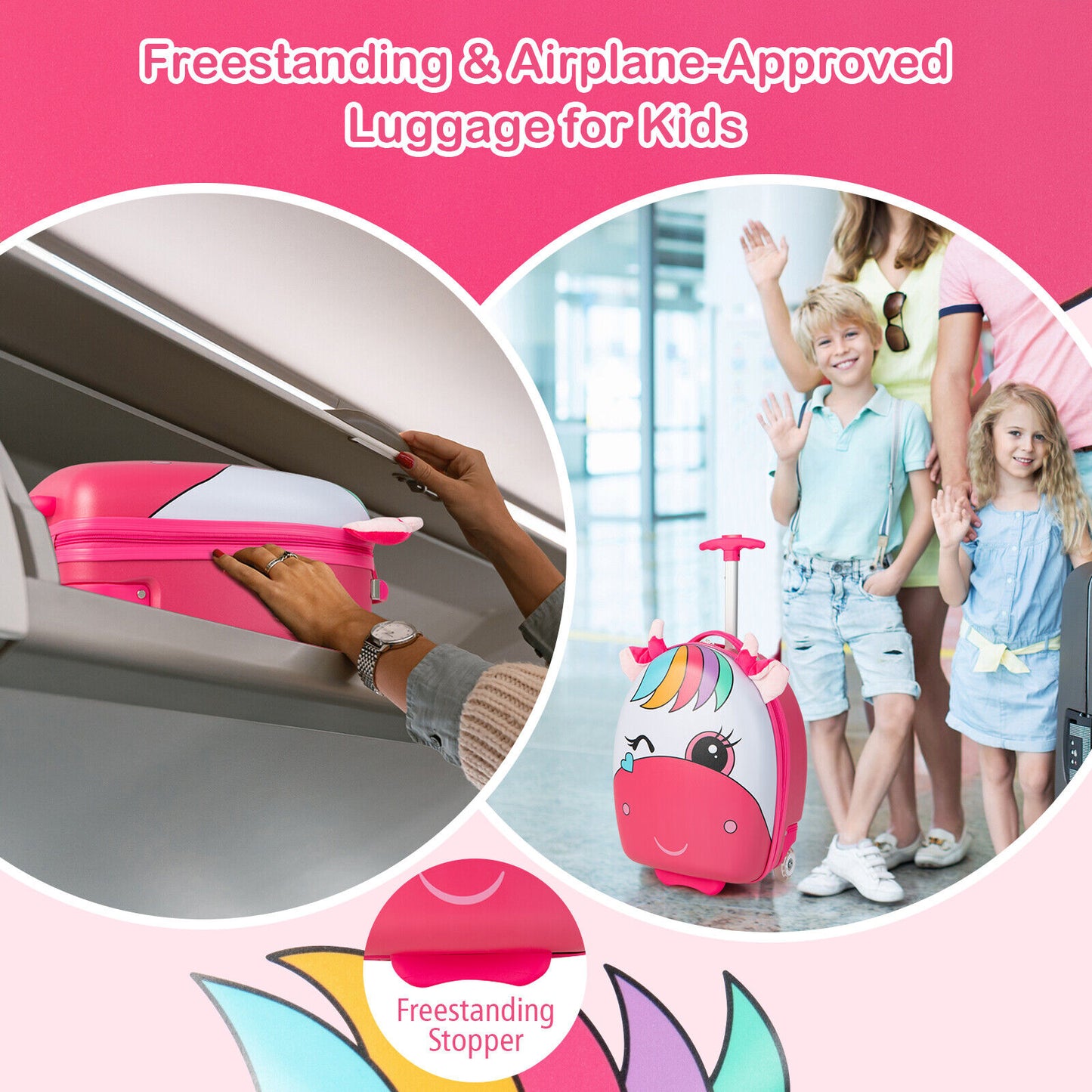 16 Inch Kids Rolling Luggage with 2 Flashing Wheels and Telescoping Handle-Pink Kids Crystal