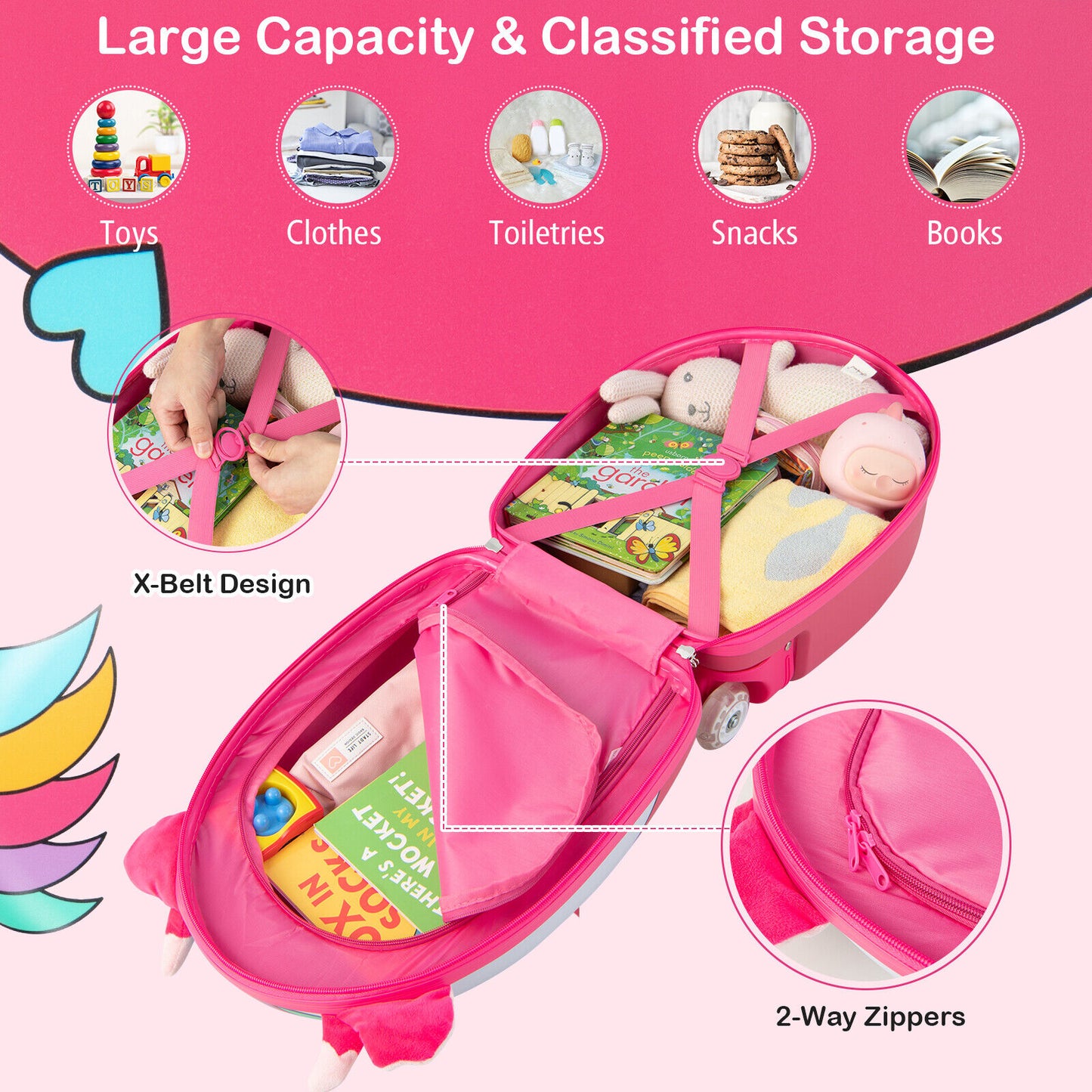 16 Inch Kids Rolling Luggage with 2 Flashing Wheels and Telescoping Handle-Pink Kids Crystal