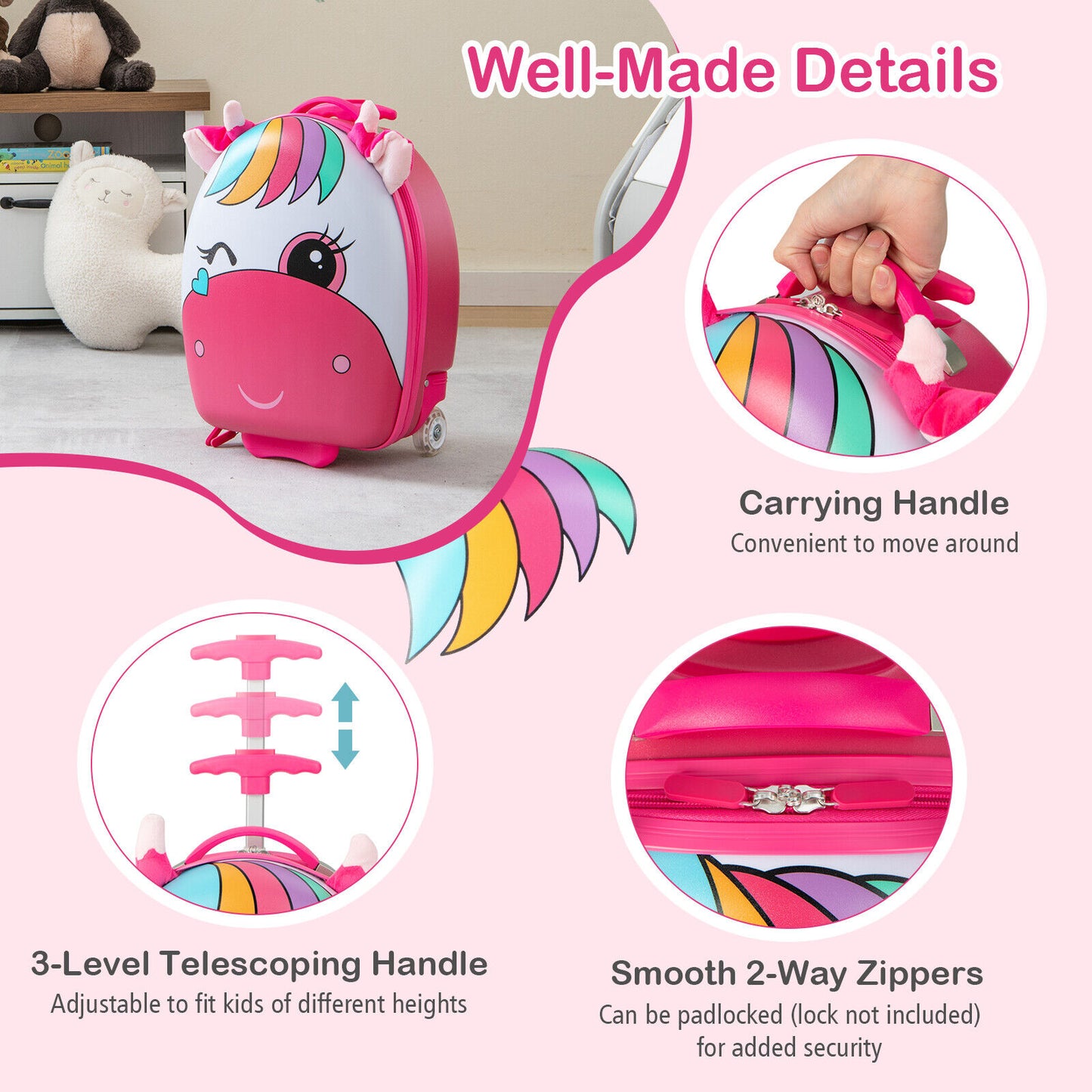 16 Inch Kids Rolling Luggage with 2 Flashing Wheels and Telescoping Handle-Pink Kids Crystal