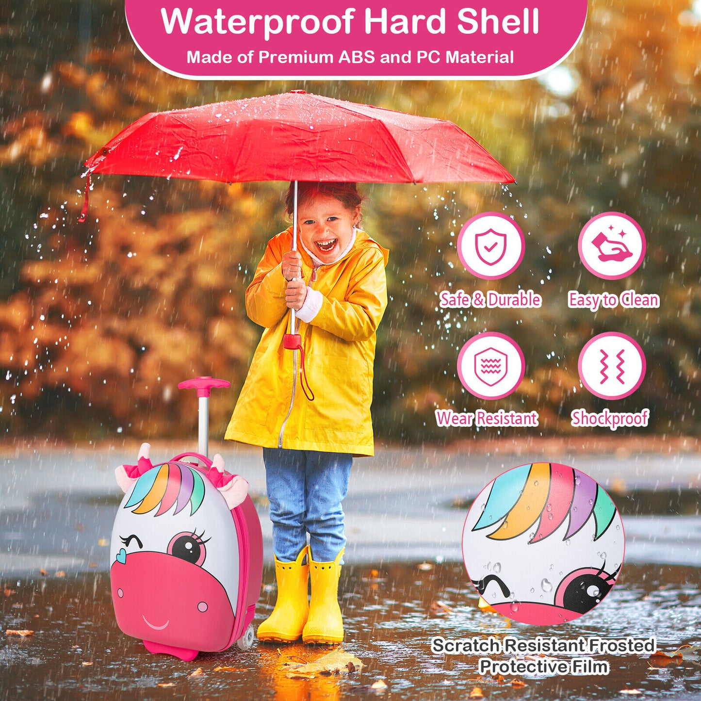 16 Inch Kids Rolling Luggage with 2 Flashing Wheels and Telescoping Handle-Pink Kids Crystal