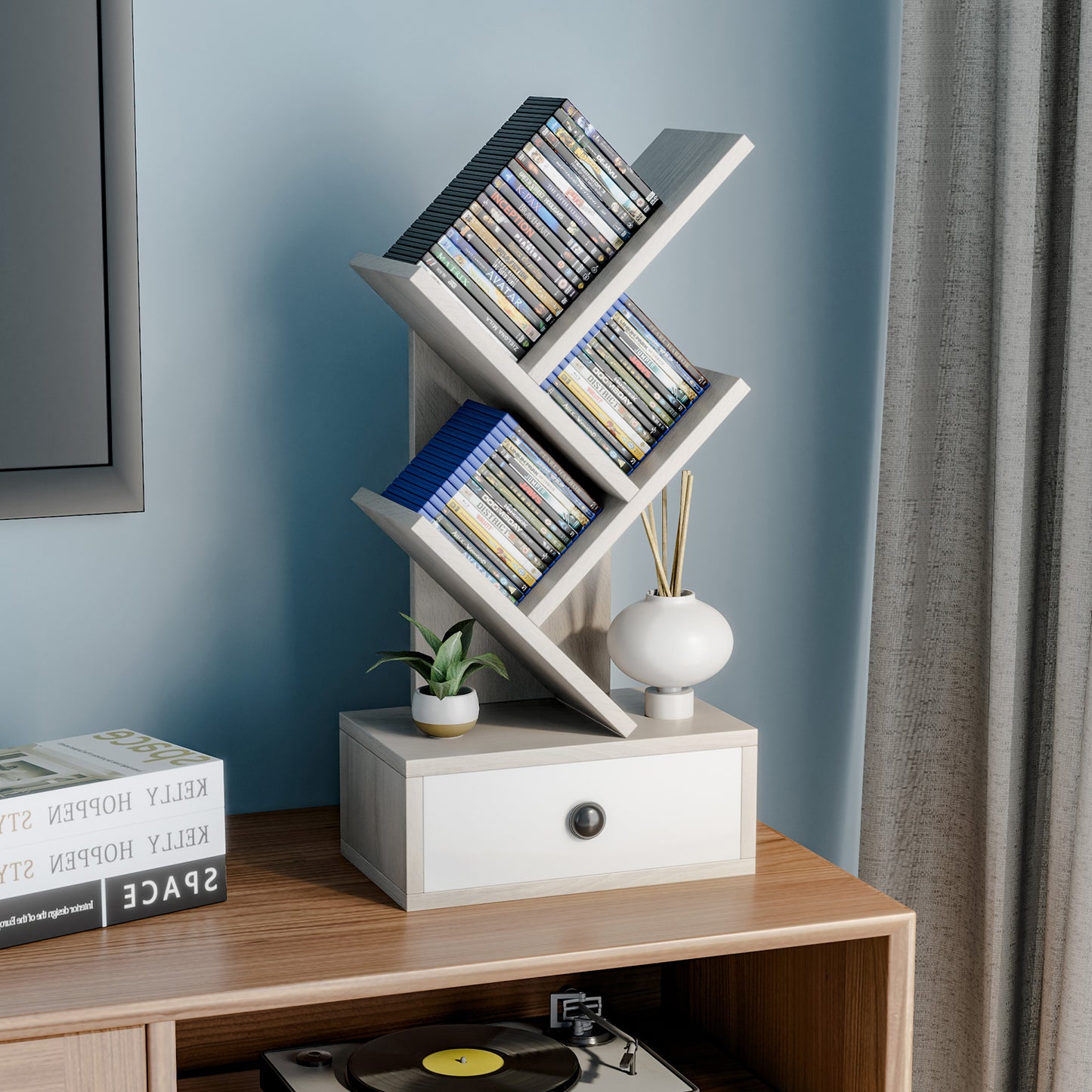 5-Tier Floor Standing Tree Bookcase with Drawer-Beige Kids Crystal