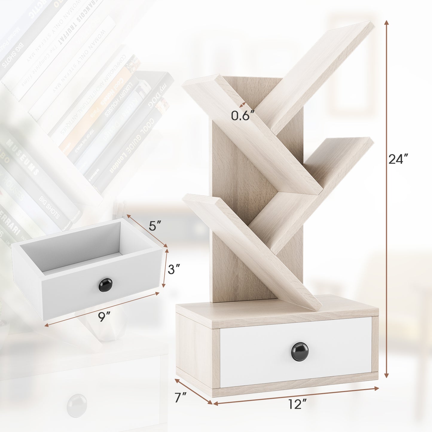 5-Tier Floor Standing Tree Bookcase with Drawer-Beige Kids Crystal