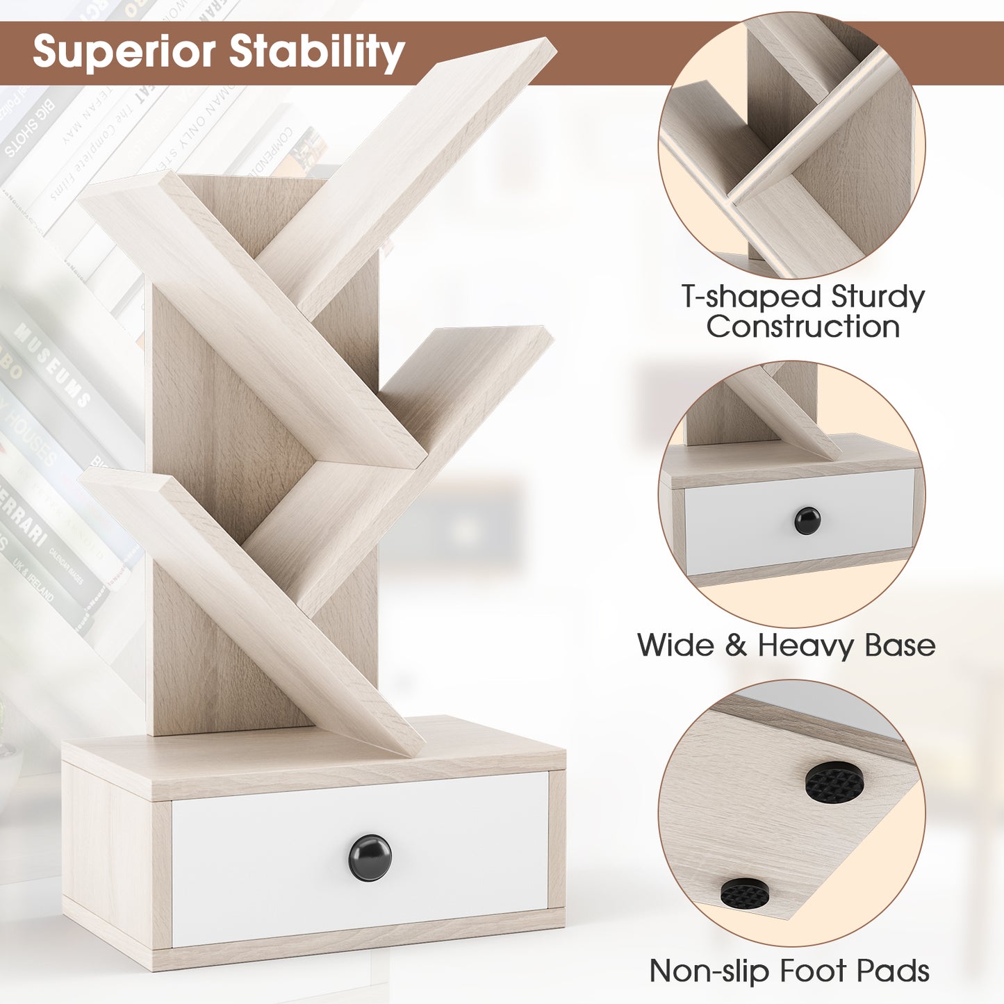 5-Tier Floor Standing Tree Bookcase with Drawer-Beige Kids Crystal