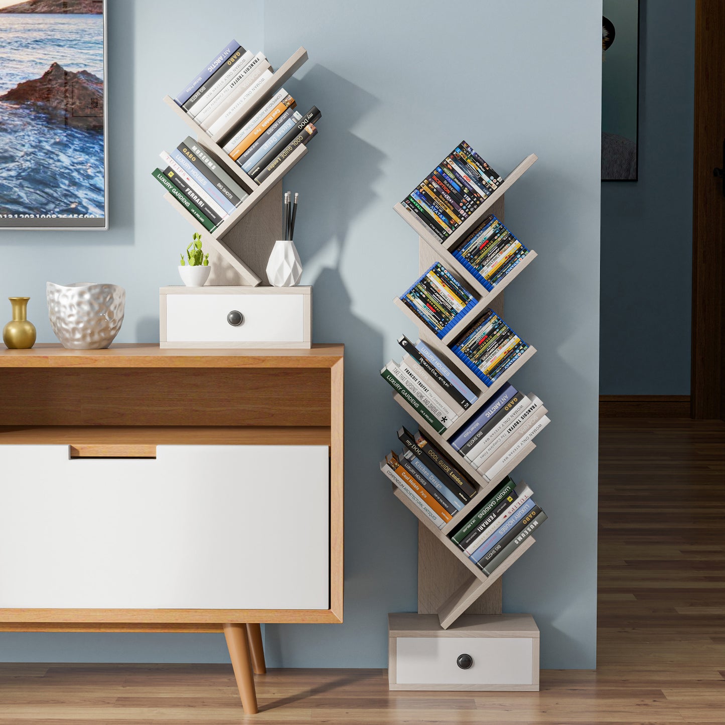 5-Tier Floor Standing Tree Bookcase with Drawer-Beige Kids Crystal