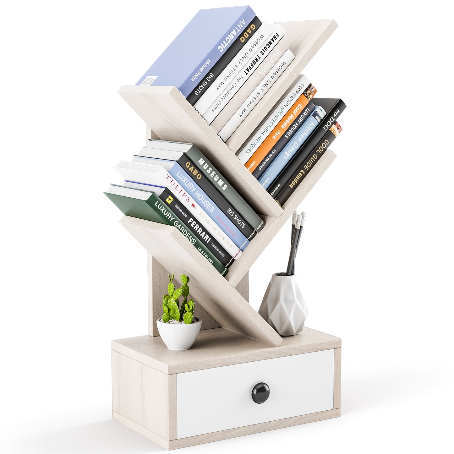 5-Tier Floor Standing Tree Bookcase with Drawer-Beige Kids Crystal