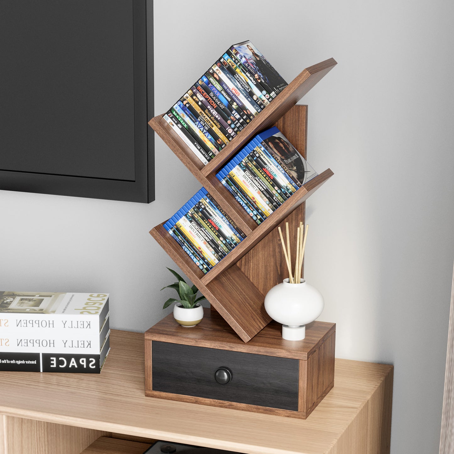 5-Tier Floor Standing Tree Bookcase with Drawer-Brown Kids Crystal