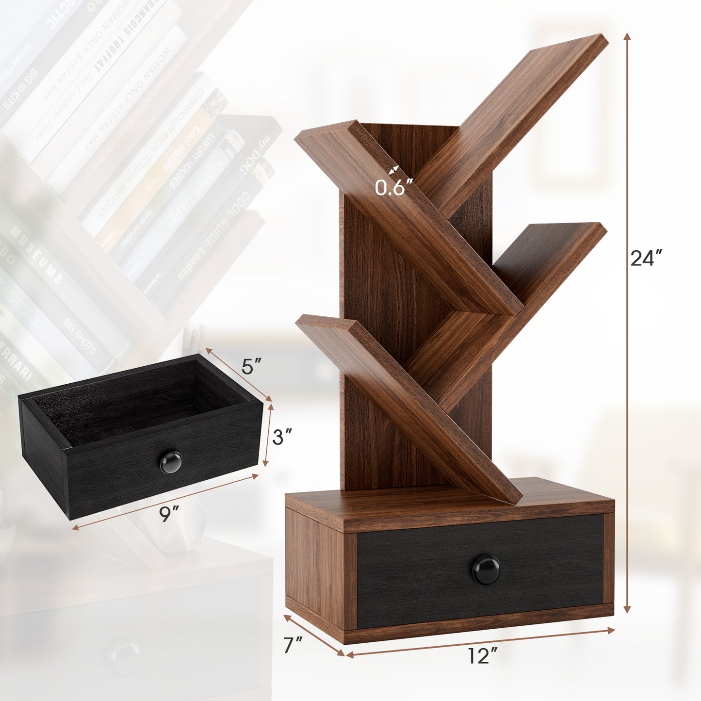 5-Tier Floor Standing Tree Bookcase with Drawer-Brown Kids Crystal