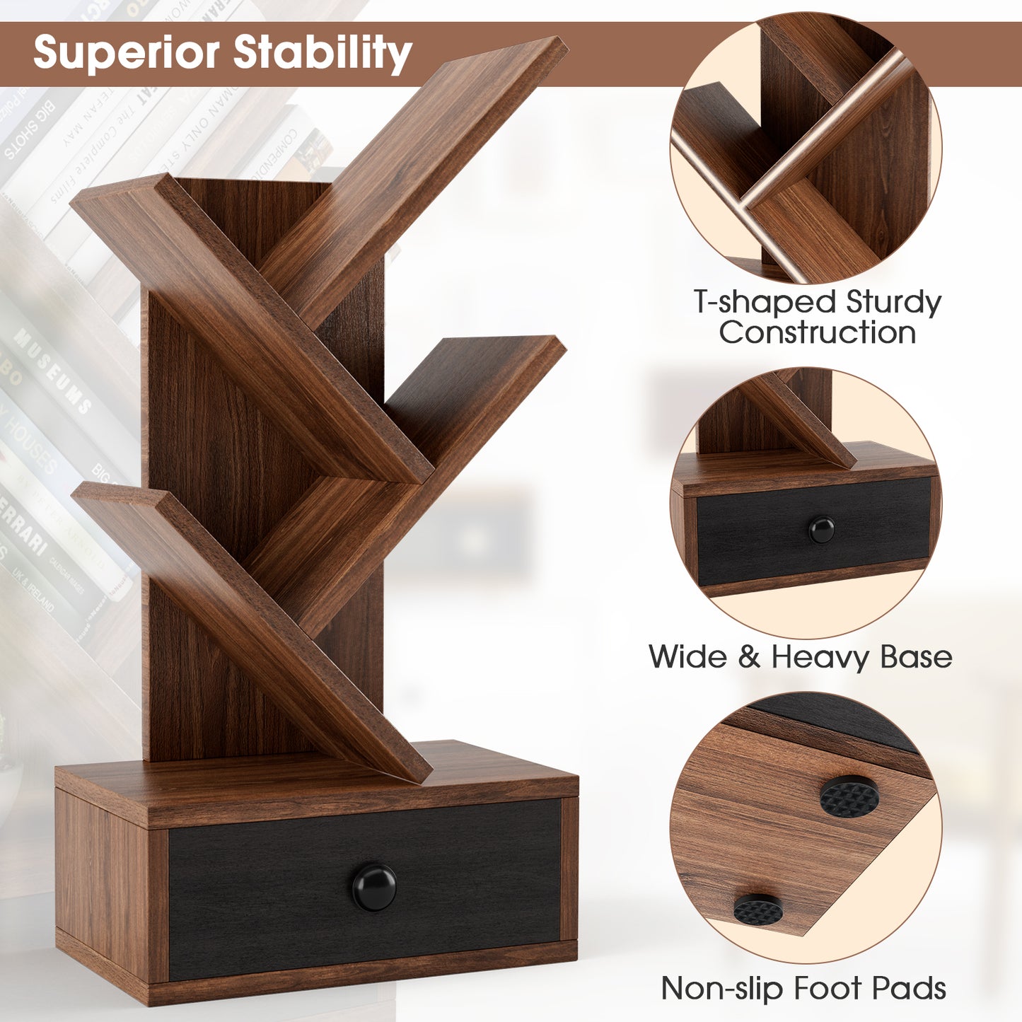 5-Tier Floor Standing Tree Bookcase with Drawer-Brown Kids Crystal