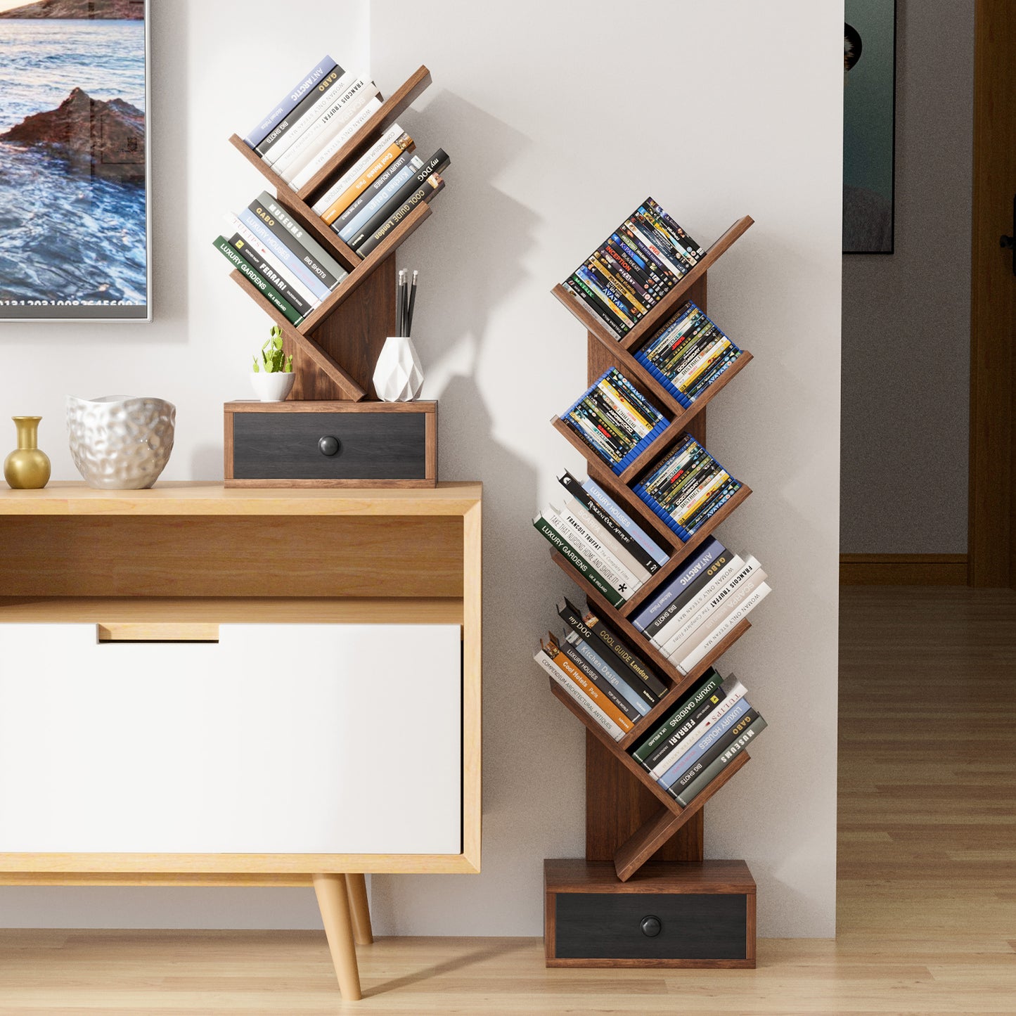 5-Tier Floor Standing Tree Bookcase with Drawer-Brown Kids Crystal