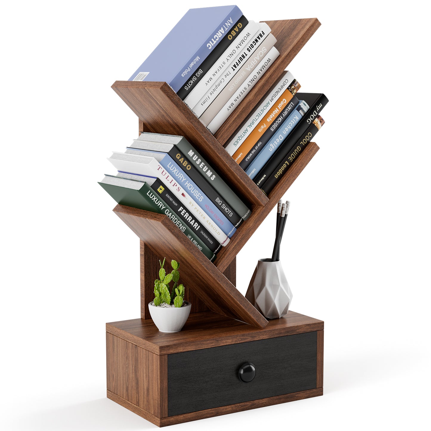 5-Tier Floor Standing Tree Bookcase with Drawer-Brown Kids Crystal