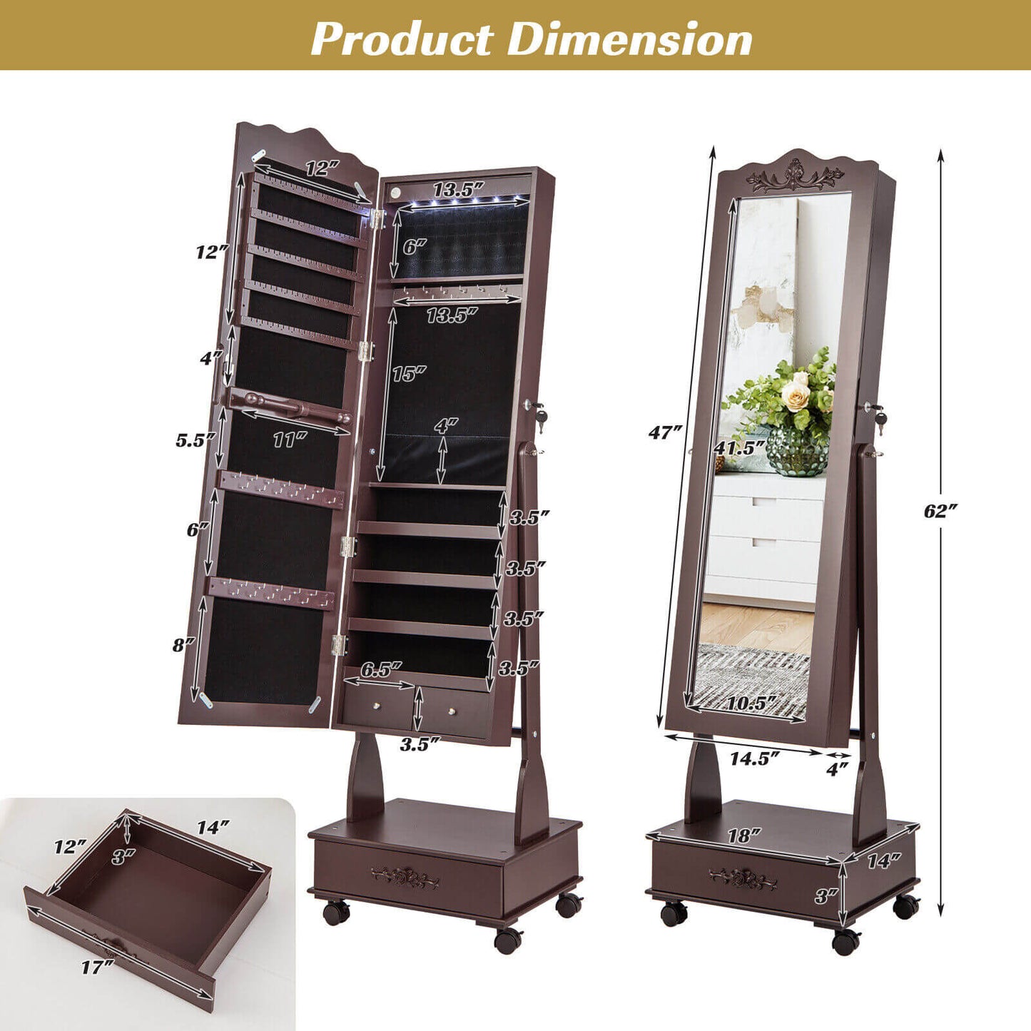 Rolling Floor Standing Mirrored Jewelry Armoire with Lock and Drawers-Brown Kids Crystal