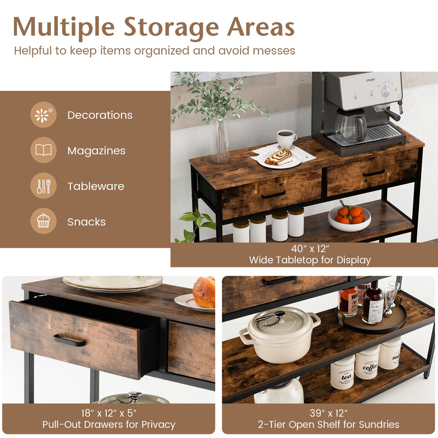 Console Table with Folding Fabric Drawers for Entryway-Rustic Brown Kids Crystal