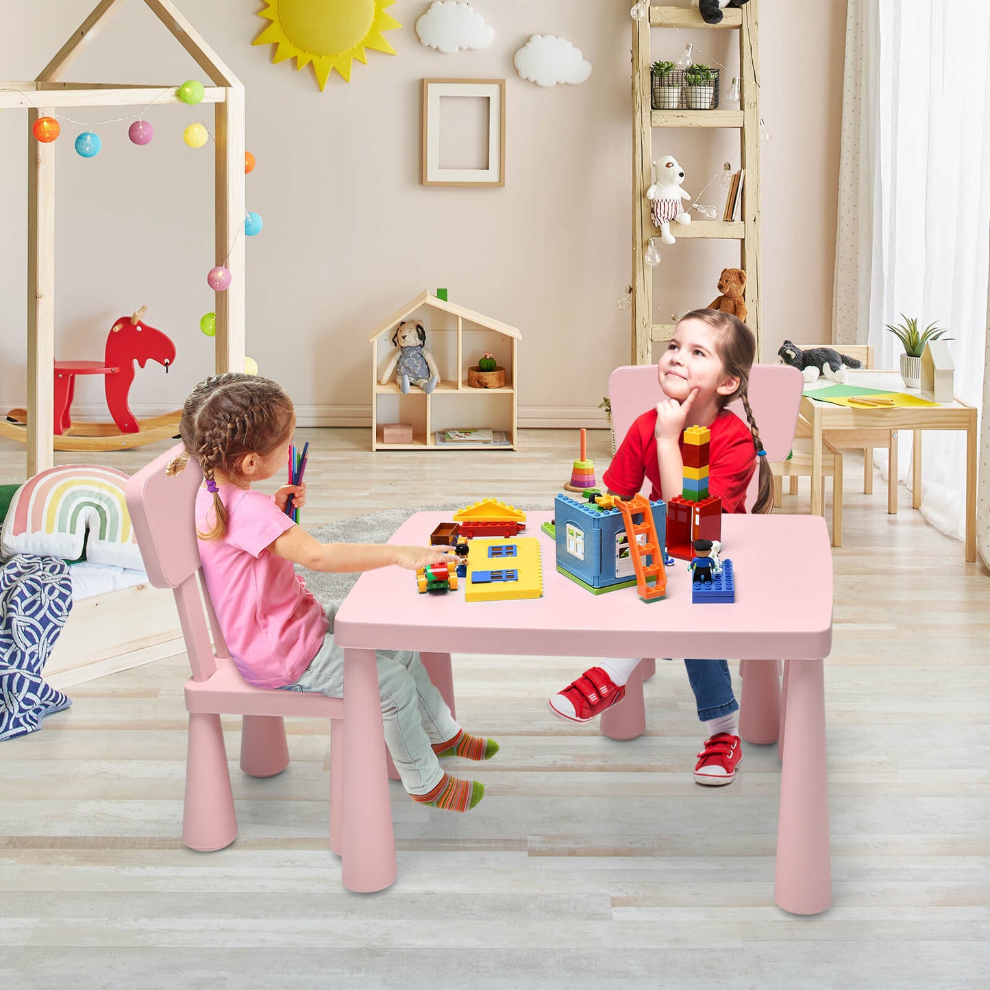 3 Pieces Toddler Multi Activity Play Dining Study Kids Table and Chair Set-Pink Kids Crystal
