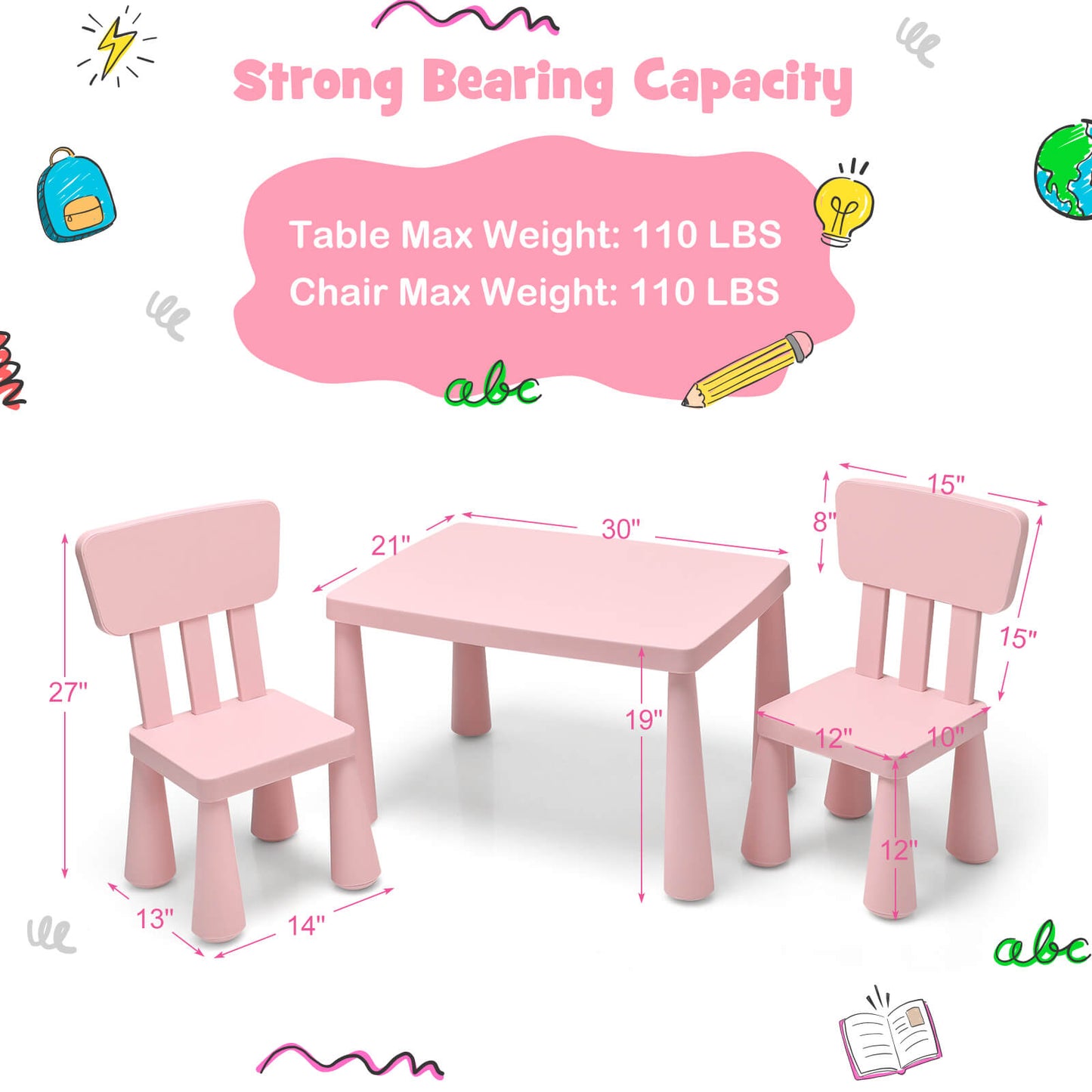 3 Pieces Toddler Multi Activity Play Dining Study Kids Table and Chair Set-Pink Kids Crystal