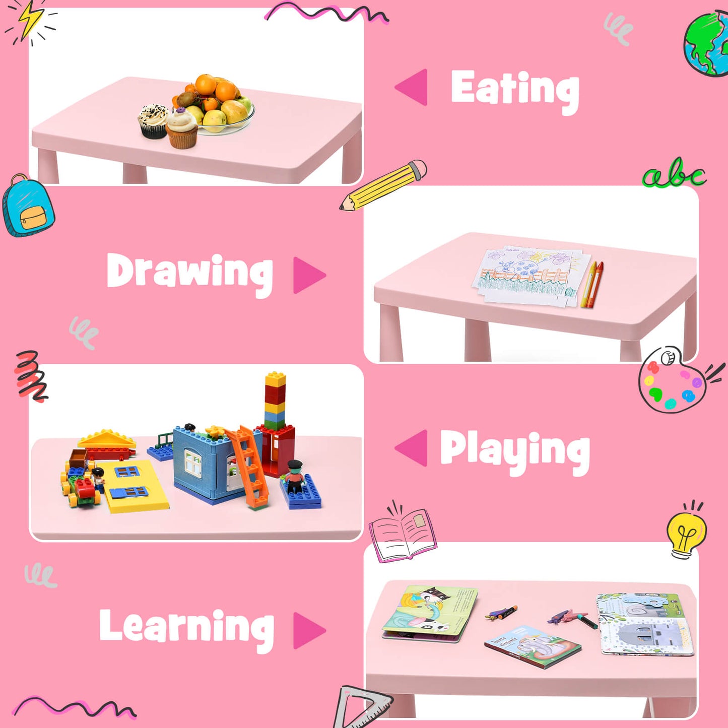 3 Pieces Toddler Multi Activity Play Dining Study Kids Table and Chair Set-Pink Kids Crystal