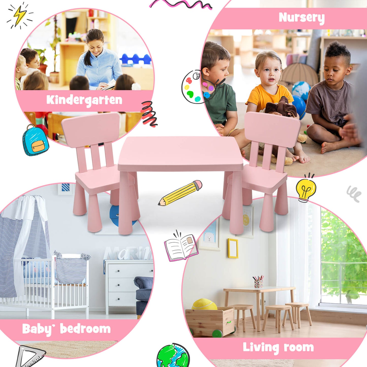3 Pieces Toddler Multi Activity Play Dining Study Kids Table and Chair Set-Pink Kids Crystal