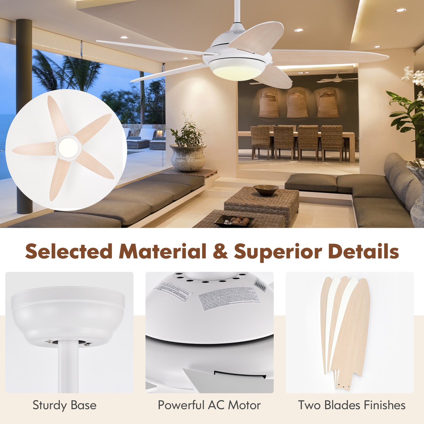 52 Inch Ceiling Fan with Lights and 3 Lighting Colors-White Kids Crystal