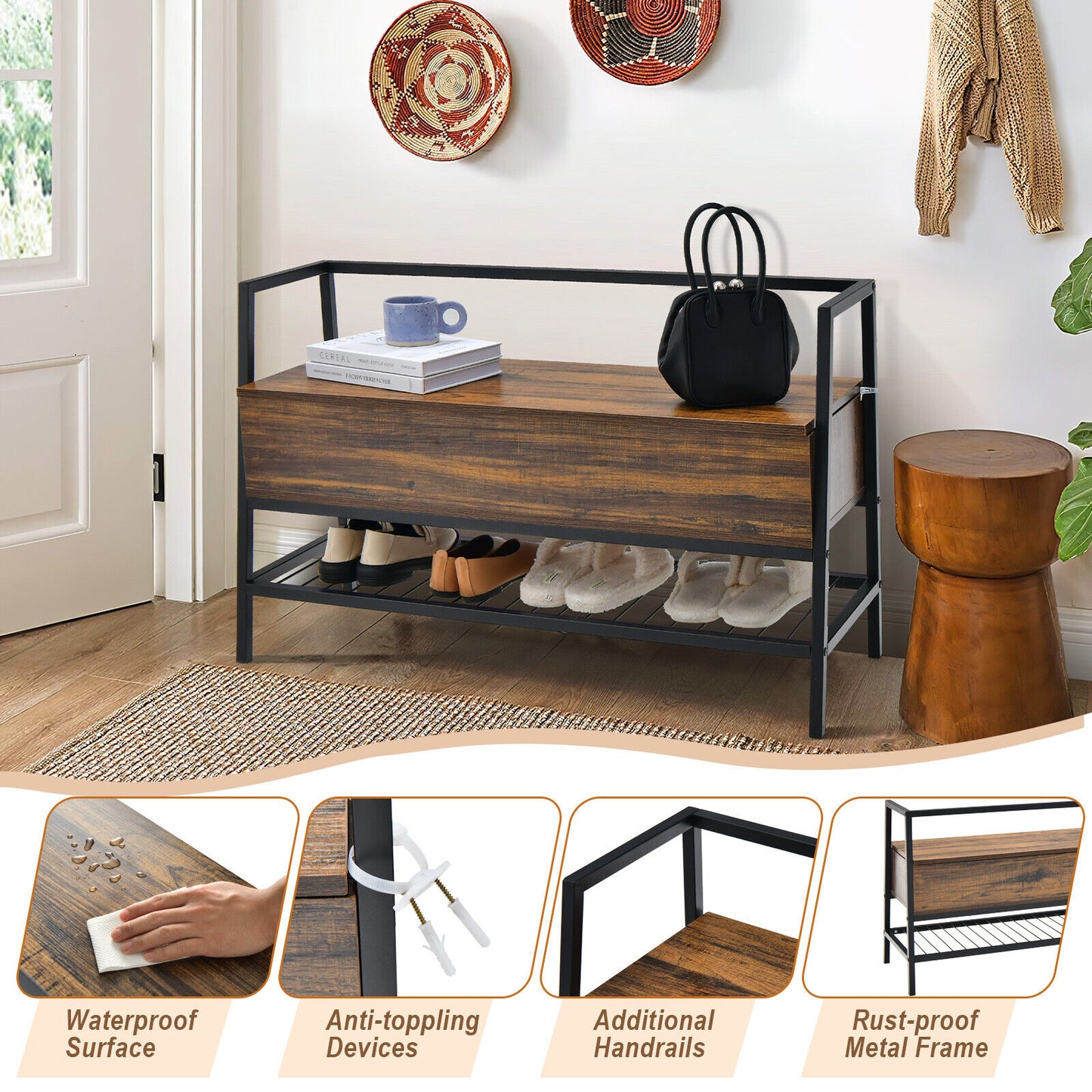 Industrial Shoe Bench with Storage Space and Metal Handrail-Rustic Brown Kids Crystal